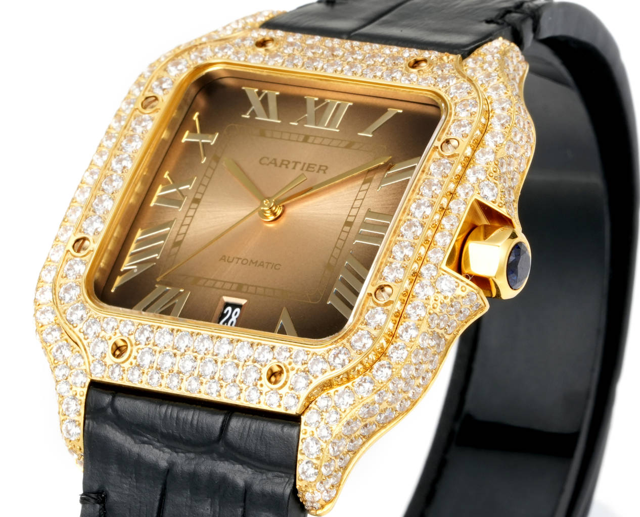 Cartier Santos de Cartier yellow gold diamond-set case and bezel, gold dial, black leather strap 39.8mm Men's Automatic