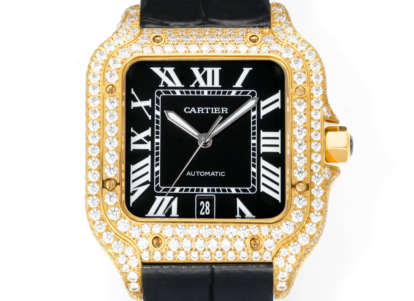 Cartier Santos de Cartier yellow gold diamond-set case and bezel, gold dial, black leather strap 39.8mm Men's Automatic