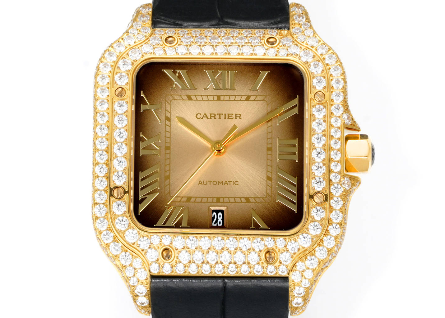 Cartier Santos de Cartier yellow gold diamond-set case and bezel, gold dial, black leather strap 39.8mm Men's Automatic