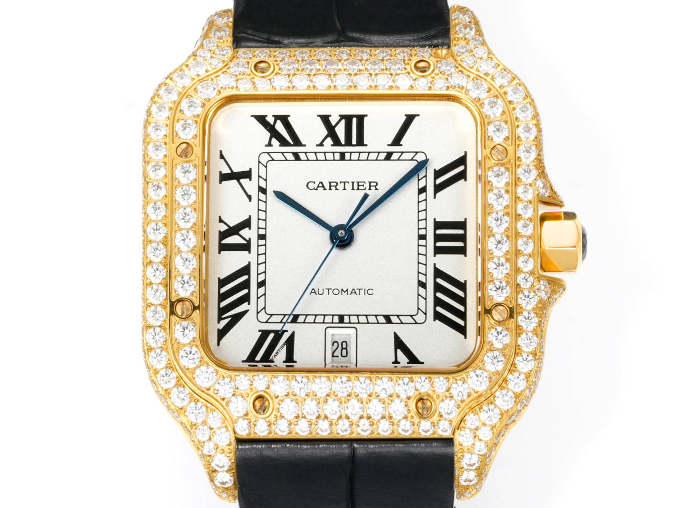 Cartier Santos 100 yellow gold diamond-set case and bezel, silver dial, black leather strap 38mm Men's Automatic