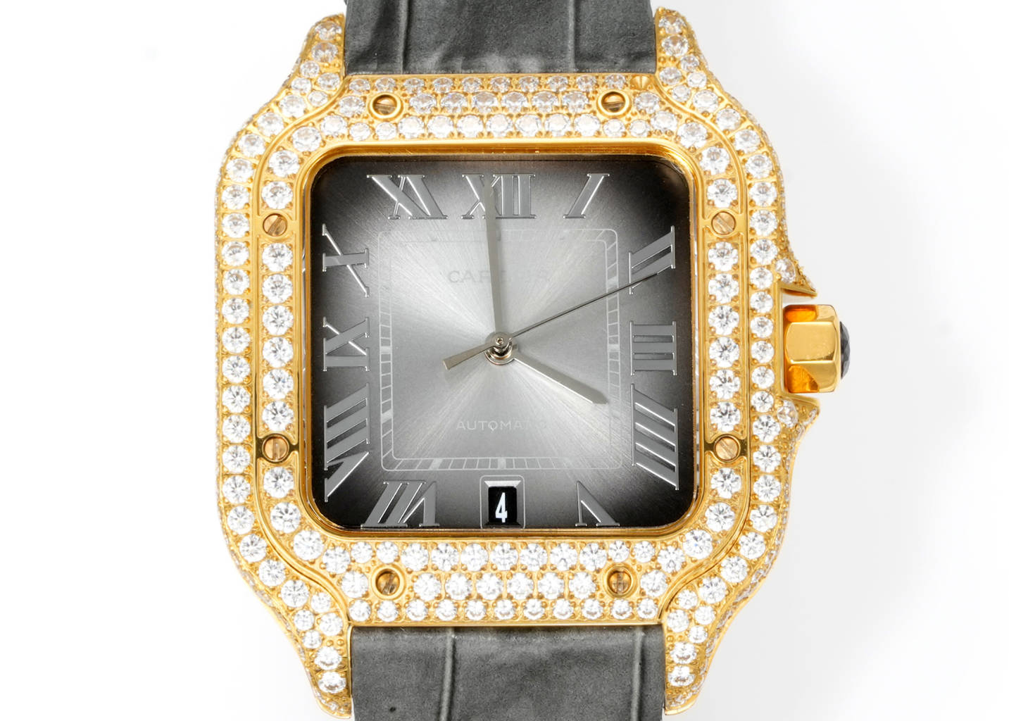 Cartier Santos 100 yellow gold diamond-set case and bezel, silver dial, black leather strap 38mm Men's Automatic