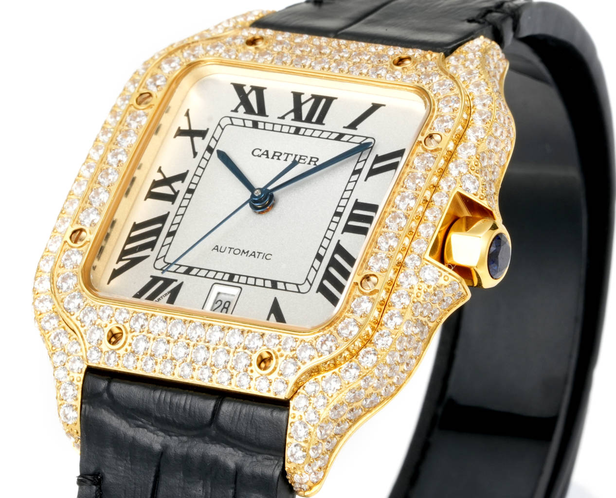 Cartier Santos 100 yellow gold diamond-set case and bezel, silver dial, black leather strap 38mm Men's Automatic