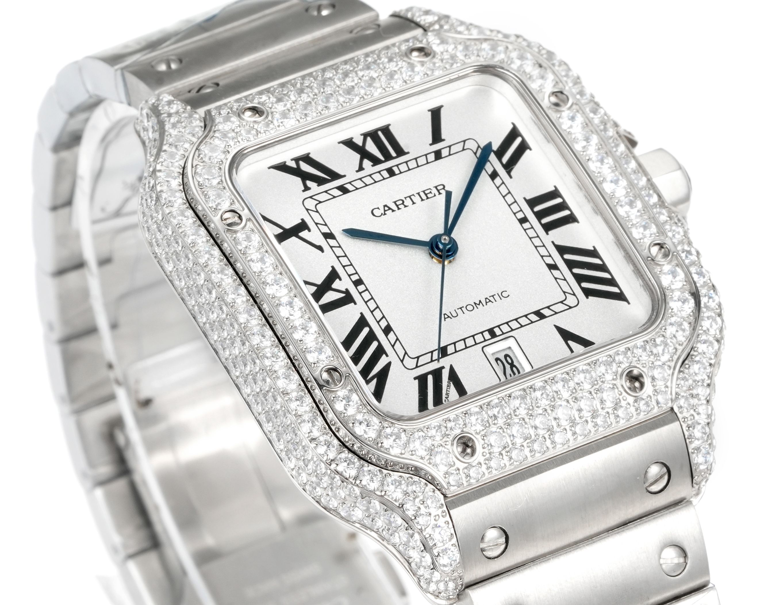 Cartier Santos 100 Medium Automatic stainless steel and diamond case / bezel, black dial, stainless steel bracelet 35mm Unisex Automatic
