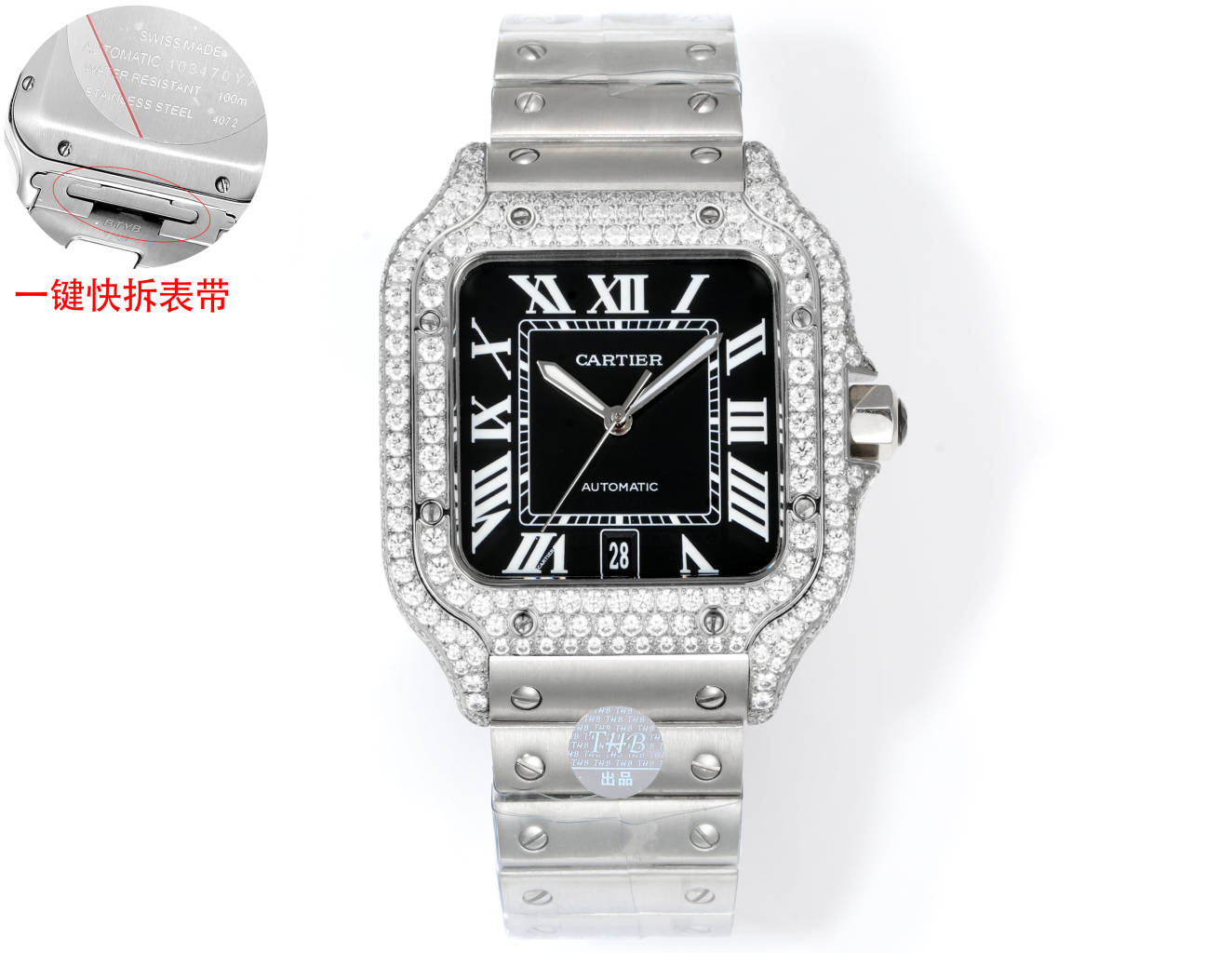 Cartier Santos 100 Medium Automatic stainless steel and diamond case / bezel, black dial, stainless steel bracelet 35mm Unisex Automatic
