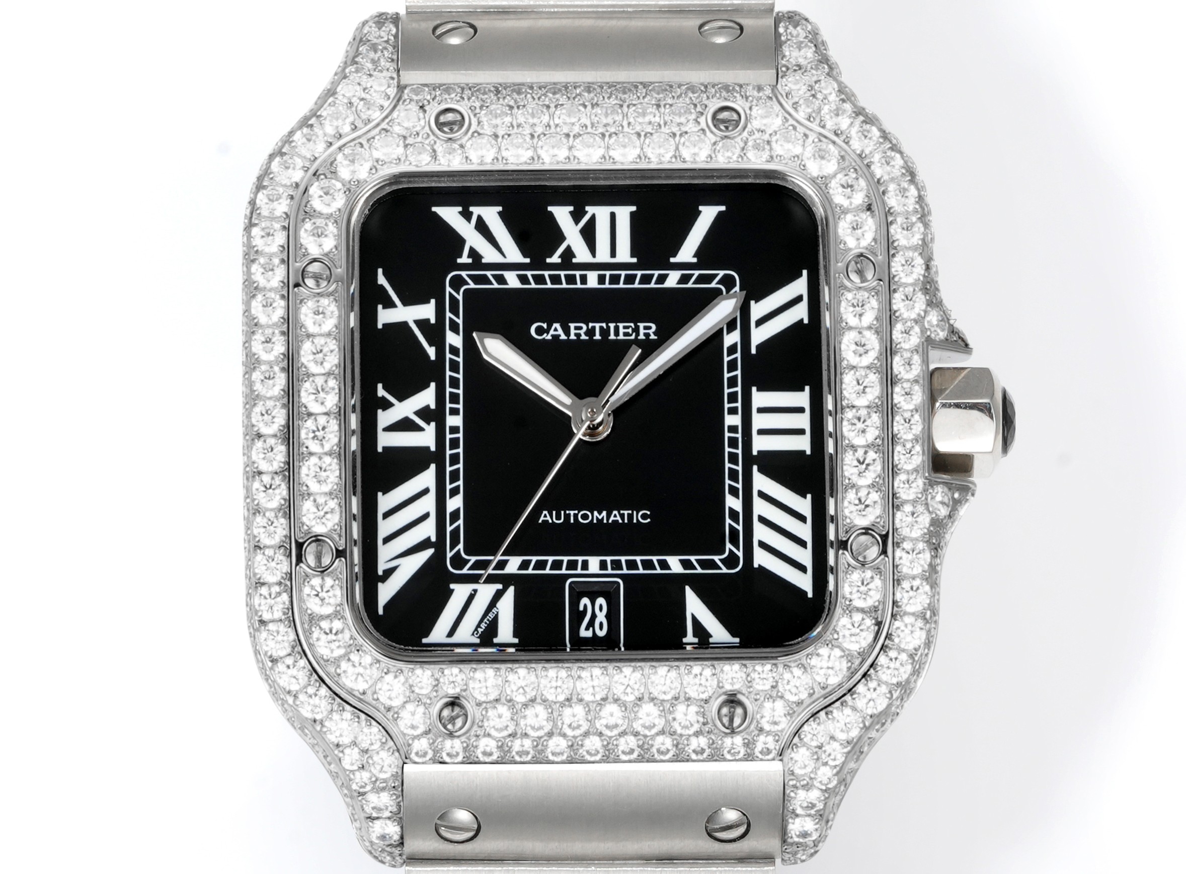 Cartier Santos 100 Medium Automatic stainless steel and diamond case / bezel, black dial, stainless steel bracelet 35mm Unisex Automatic