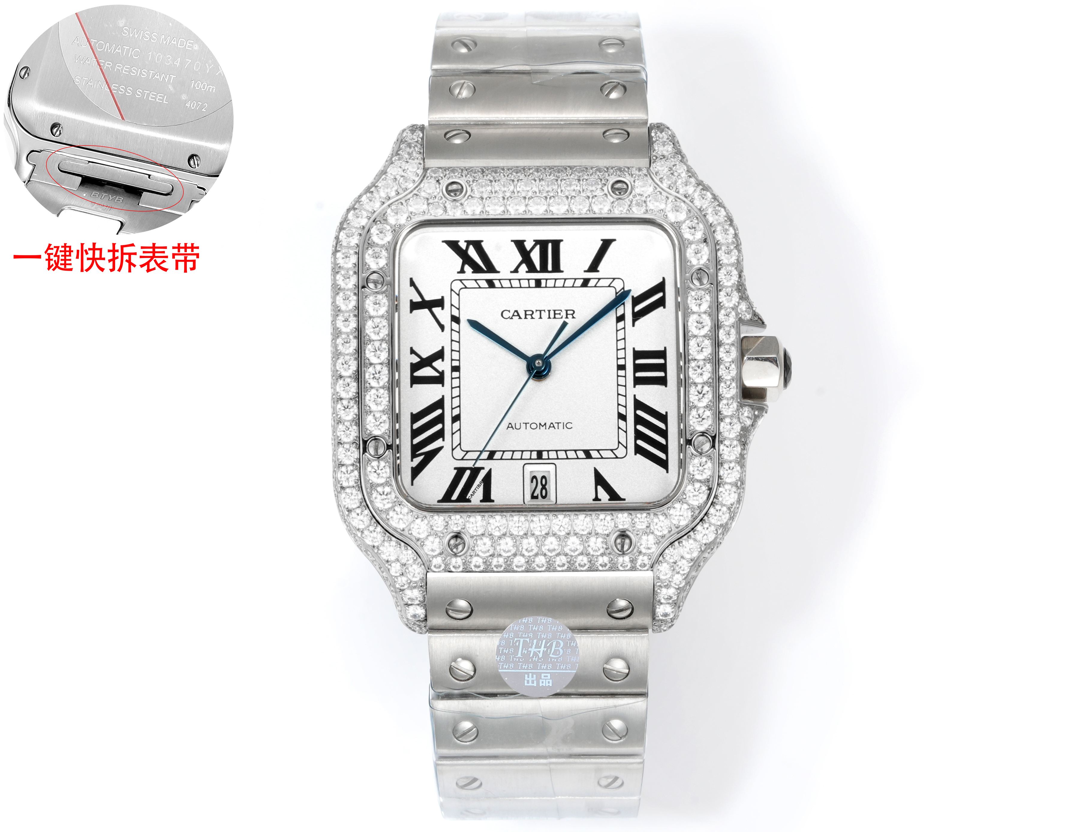 Cartier Santos 100 Medium Automatic stainless steel and diamond case / bezel, black dial, stainless steel bracelet 35mm Unisex Automatic