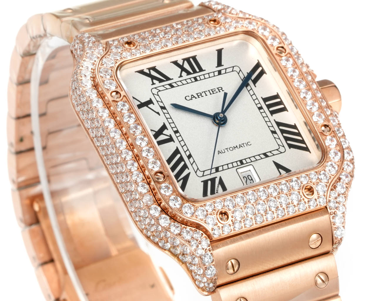 Cartier Santos de Cartier rose gold diamond-set case and bezel, green dial, rose gold bracelet 39.8mm Men's Automatic
