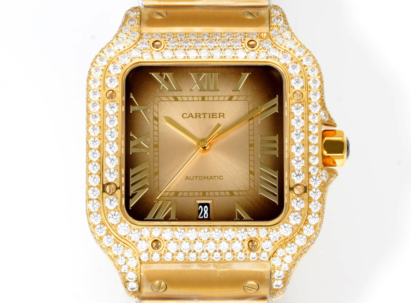 Cartier Santos 100 yellow gold diamond-set case and bezel, bronze dial, yellow gold bracelet 38mm Men's Automatic