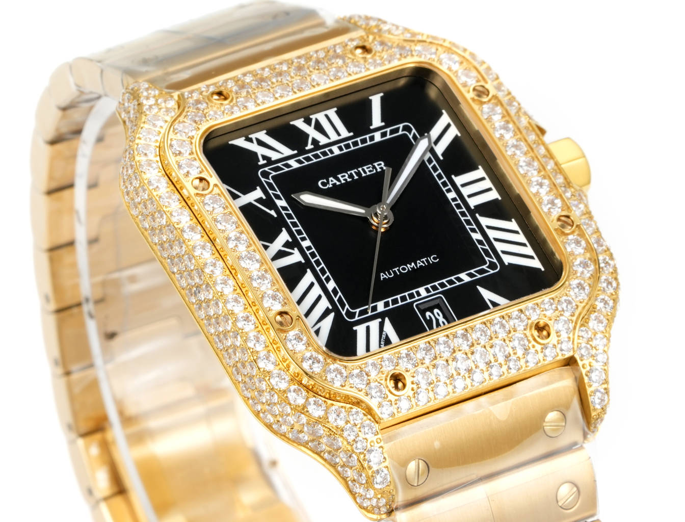 Cartier Santos 100 yellow gold diamond-set case and bezel, bronze dial, yellow gold bracelet 38mm Men's Automatic