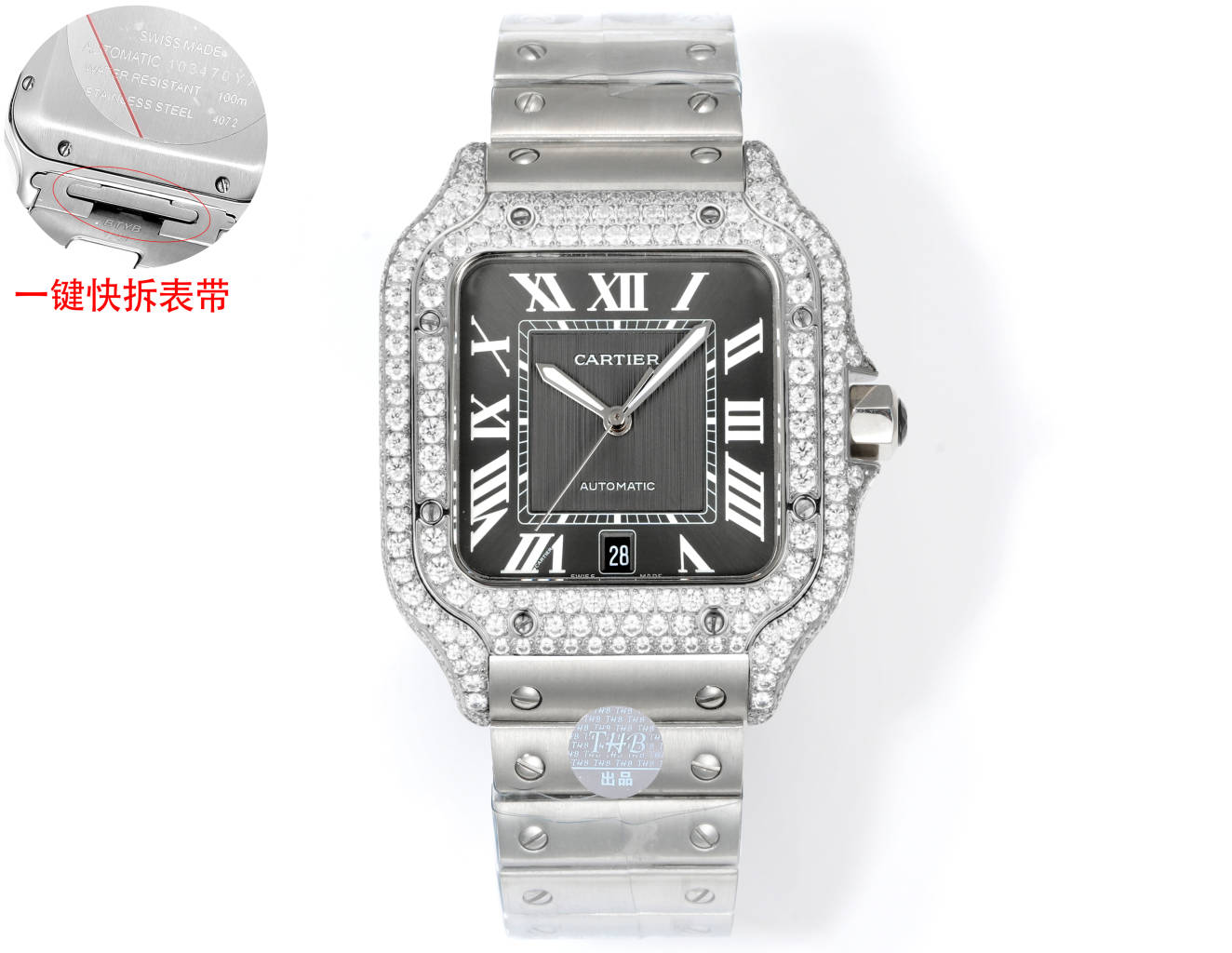 Cartier Santos 100 Automatic Date stainless steel case and bracelet, diamond-set bezel, black dial 38mm Men's Automatic
