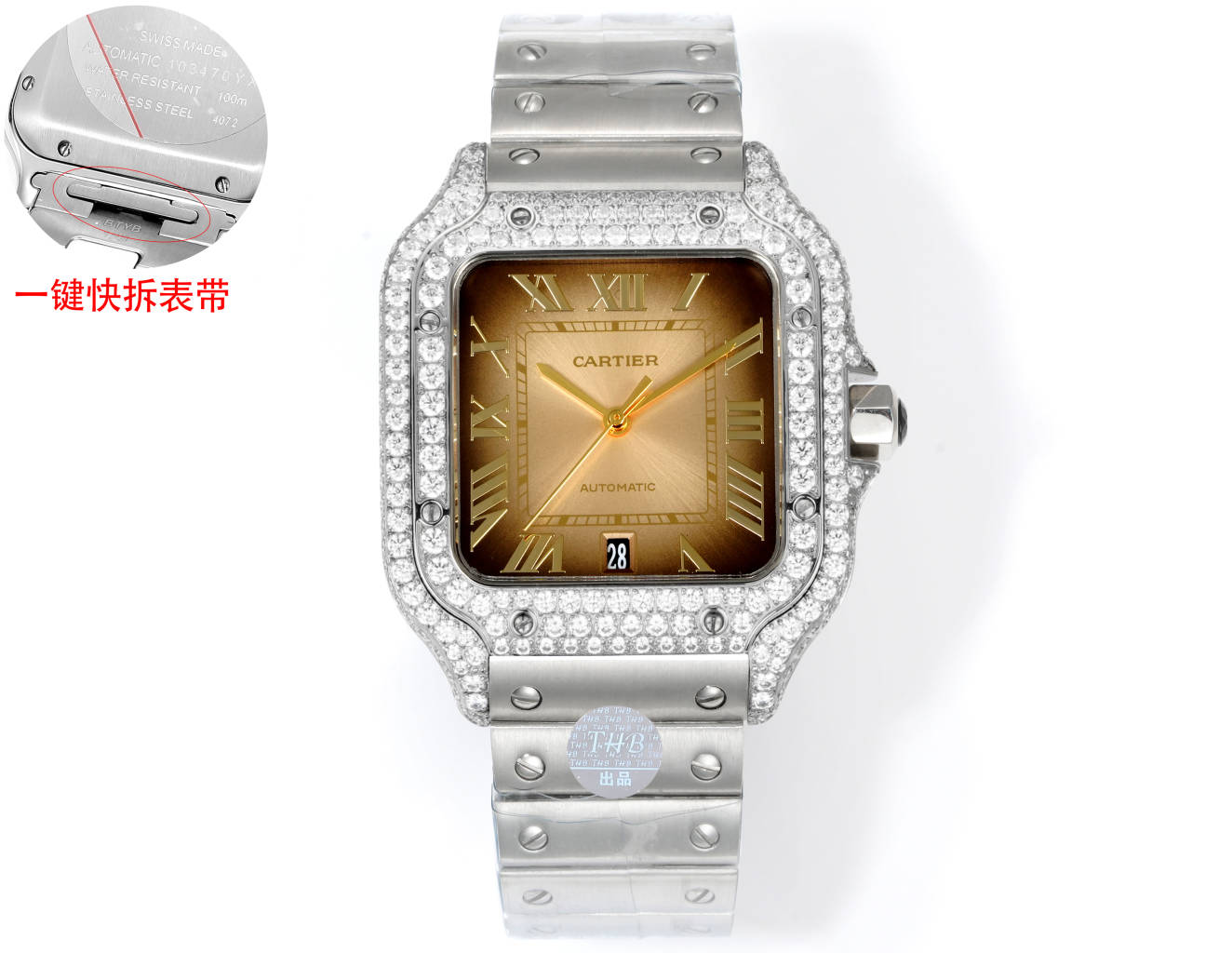 Cartier Santos 100 Automatic Date stainless steel case and bracelet, diamond-set bezel, black dial 38mm Men's Automatic
