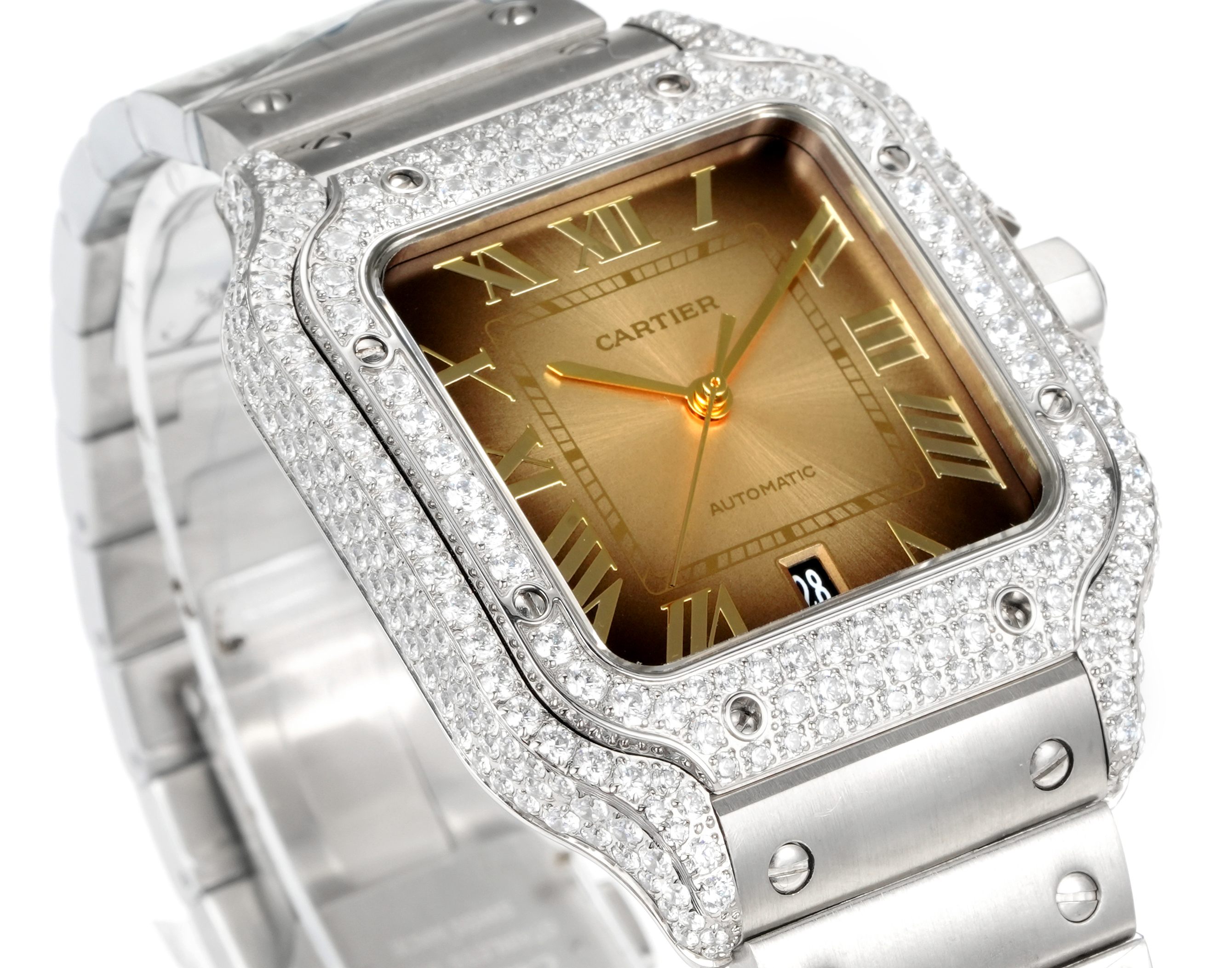 Cartier Santos 100 Automatic Date stainless steel case and bracelet, diamond-set bezel, black dial 38mm Men's Automatic
