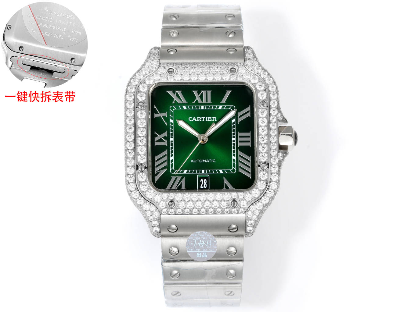 Cartier Santos 100 Medium Automatic stainless steel and diamond-set case / bezel, grey dial, steel bracelet 35mm Unisex Automatic