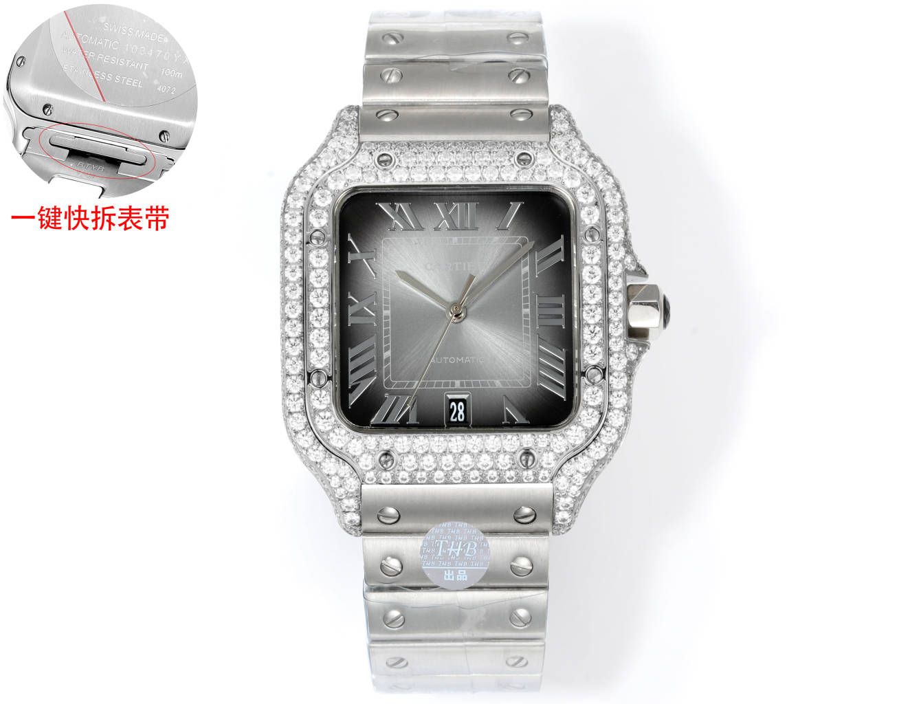 Cartier Santos 100 Medium Automatic stainless steel and diamond-set case / bezel, grey dial, steel bracelet 35mm Unisex Automatic