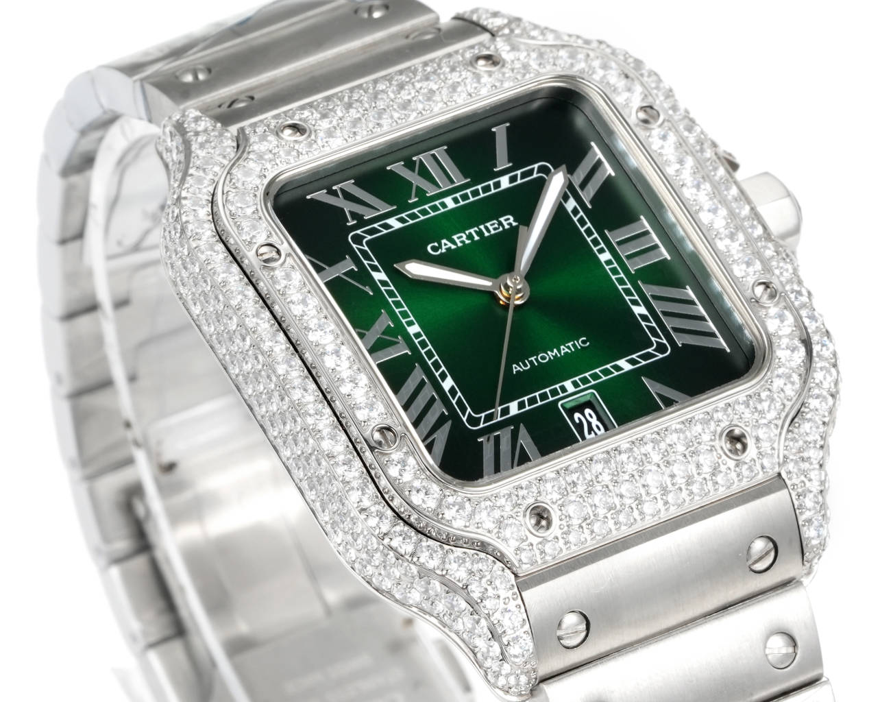 Cartier Santos 100 Medium Automatic stainless steel and diamond-set case / bezel, grey dial, steel bracelet 35mm Unisex Automatic