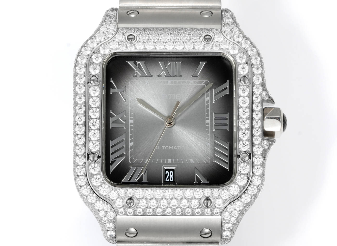 Cartier Santos 100 Medium Automatic stainless steel and diamond-set case / bezel, grey dial, steel bracelet 35mm Unisex Automatic