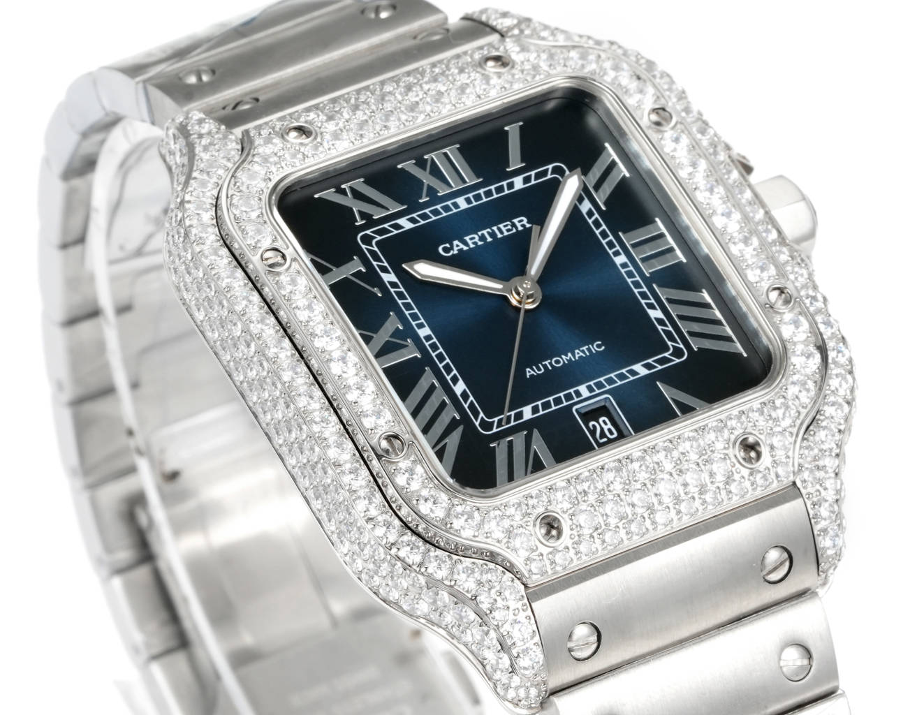 Cartier Santos de Cartier Medium stainless steel diamond-set case and bezel, brown gradient dial, stainless steel bracelet 35mm Unisex Automatic