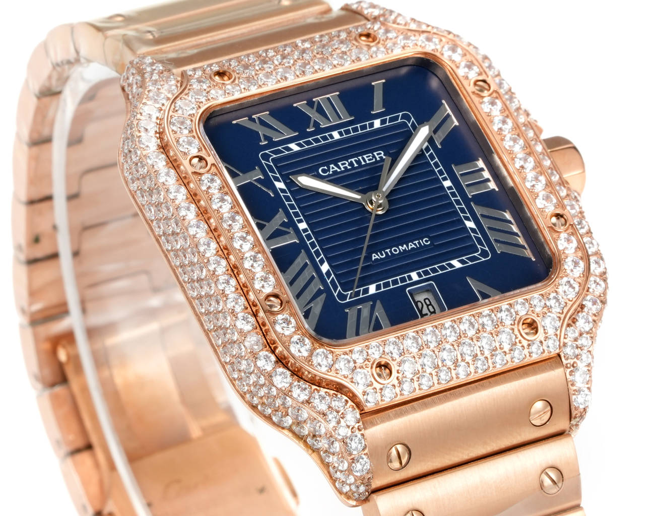 Cartier Santos de Cartier Medium rose gold diamond-set case and bezel, black dial, rose gold bracelet 35mm Unisex Automatic