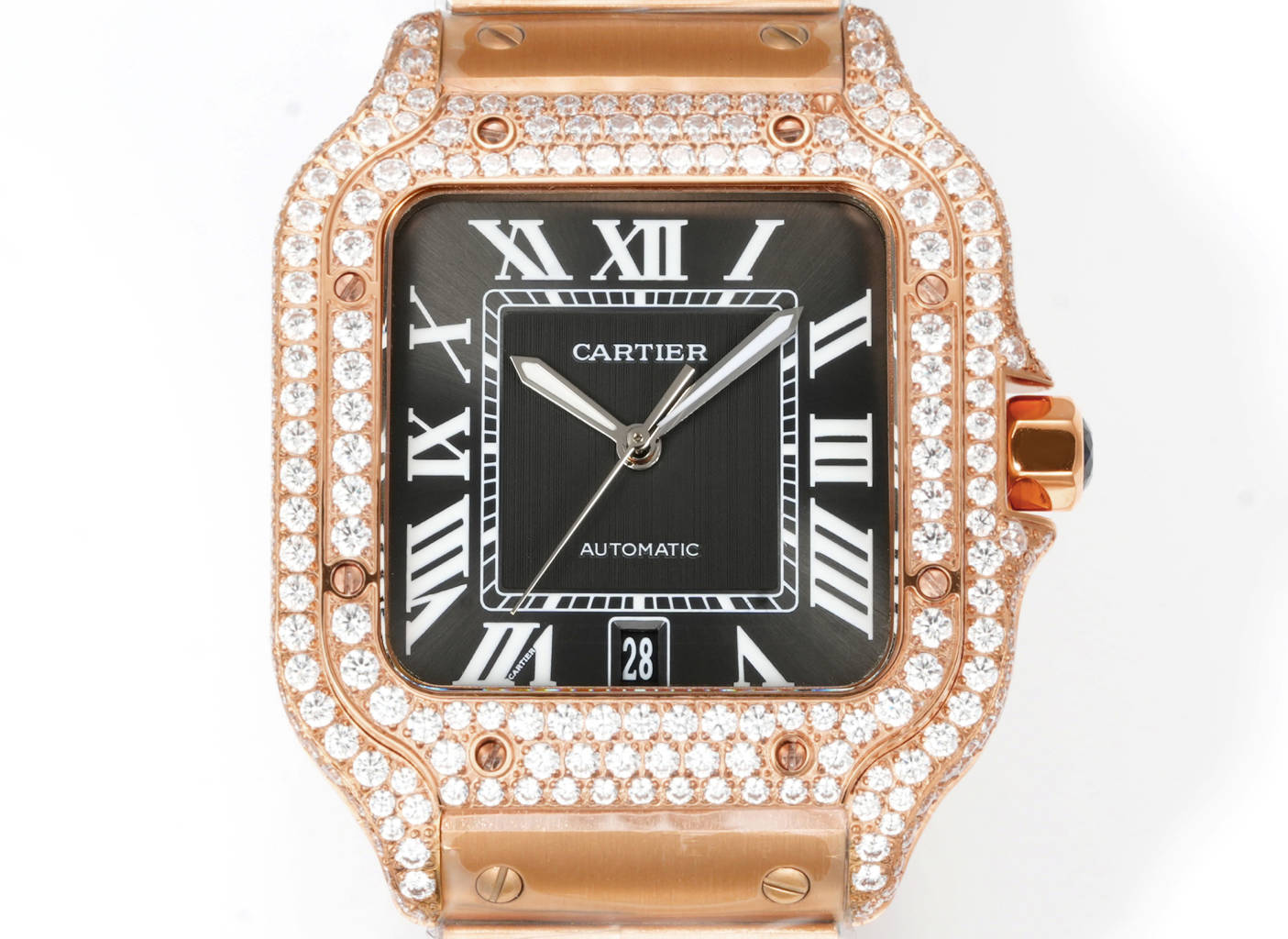 Cartier Santos de Cartier Medium rose gold diamond-set case and bezel, black dial, rose gold bracelet 35mm Unisex Automatic
