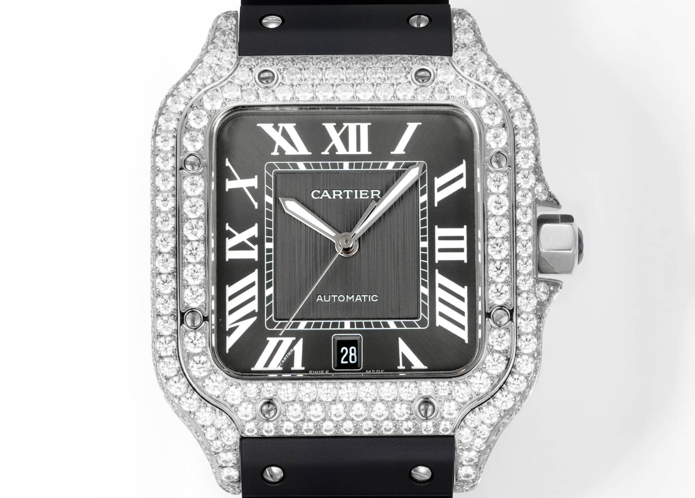 Cartier Santos 100 diamond-set silver case and bezel, brown dial, black rubber strap 38mm Men's Automatic