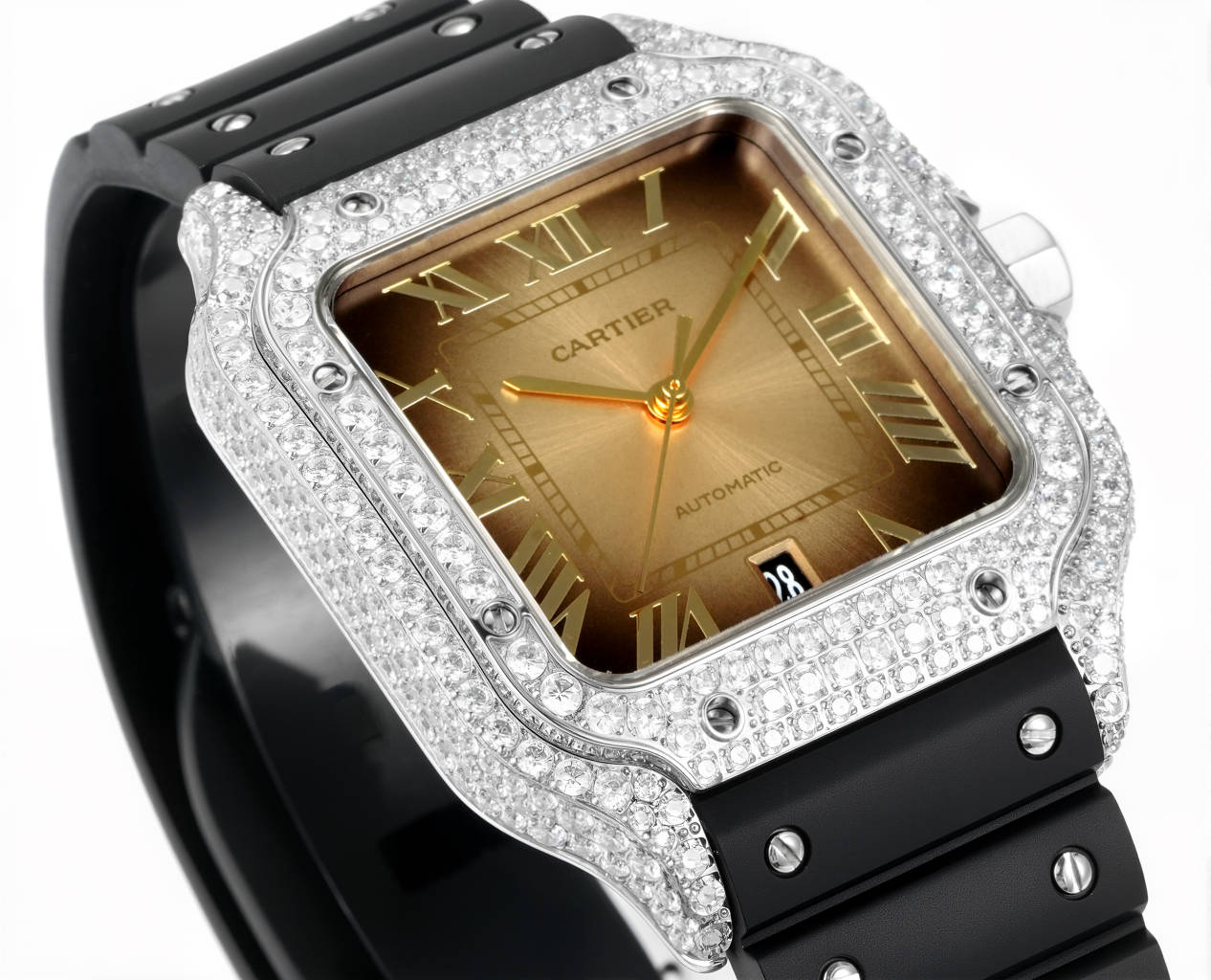 NO:714998,THB's new Cartier Santos tape full diamond model [original mold opening, the latest Cartier Santos 1 [case] genuine mold opening, equipped with the best imported 316L material case!  The movement adopts an exclusive imported ultra-thin movement, which has stable running time and zero renovation. 2 [Dial] The dial is authentically molded!  3【Hands】Swiss craft fired blue needles, the closest to genuine grilled blue needles!  4【Glass】Swiss anti-reflective white film/anti-string/anti-handprint!  AF process processing, leaving no traces!  5 [Strap] Equipped with the ergonomic SmartLink disassembly system, a pair of fluororubber straps that are perfectly interchangeable with the original and have a high-end feel. The strap can be used with three straps, steel strap, belt, and tape. 6 [Size] Men's model 39.8 mm  1:1 mold opening, truly interchangeable with original accessories. Equipped with two practical inventions of Cardea: 'SmartLink' bracelet adjustment device and 'QuickSwitch' strap quick replacement device!  [Case diameter 39.8mm, thickness: 9.08mm],,stuart weitzman,cartier19860909THB新品卡地亚山度士 胶带满钻款【原版开模最新卡地亚 山度士 1【表壳】正品开模,搭载最好的进口316L材质表壳！ 机芯采用独家进口超薄机芯,走时稳定,零翻修 2【表盘】正品开模出来的表盘！ 3【表针】瑞士工艺烧制蓝针,最接近正品的烤蓝针！ 4【玻璃】瑞士增透白膜/防弦/防手纹！AF工艺处理,不留痕迹！ 5【表带】配备人体工力学SmartLink拆卸系统,一副可与原装完美互换并拥有高级手感的氟橡胶表带 表带可三带通用,钢带,皮带,胶带 6【尺寸】男款39.8毫米x47.5毫米,跟原版最接近完美匹配 7【表冠】多切面尖晶蓝宝石 1:1开模,真正做到可同原版配件互换.配备卡.地亚实用两项发明“SmartLink”表链调节装置和“QuickSwitch”表带快速替换装置！【表壳直径39.8mm,厚度:9.08mm】,,stuart weitzman,cartier,Watch