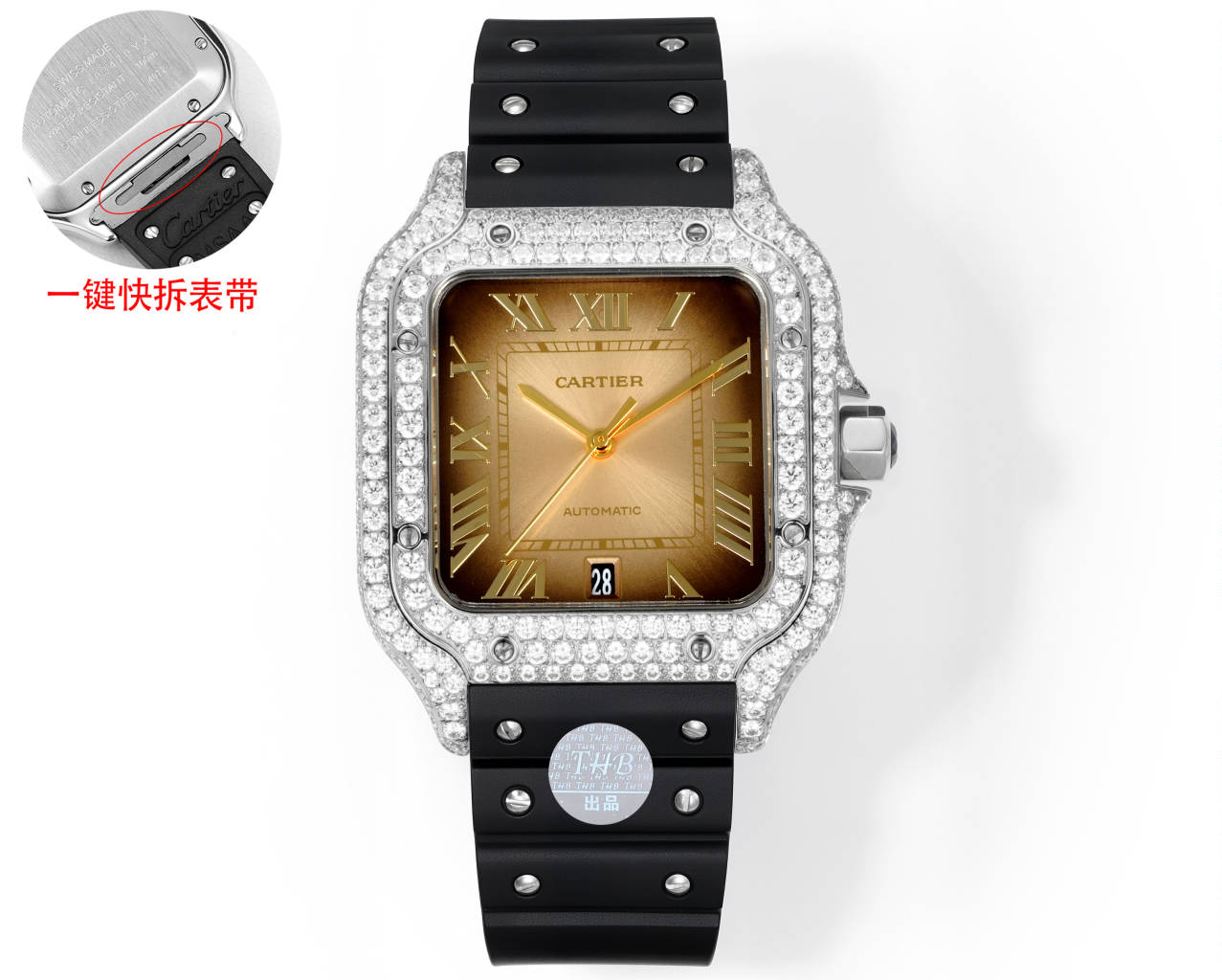 Cartier Santos 100 diamond-set silver case and bezel, brown dial, black rubber strap 38mm Men's Automatic