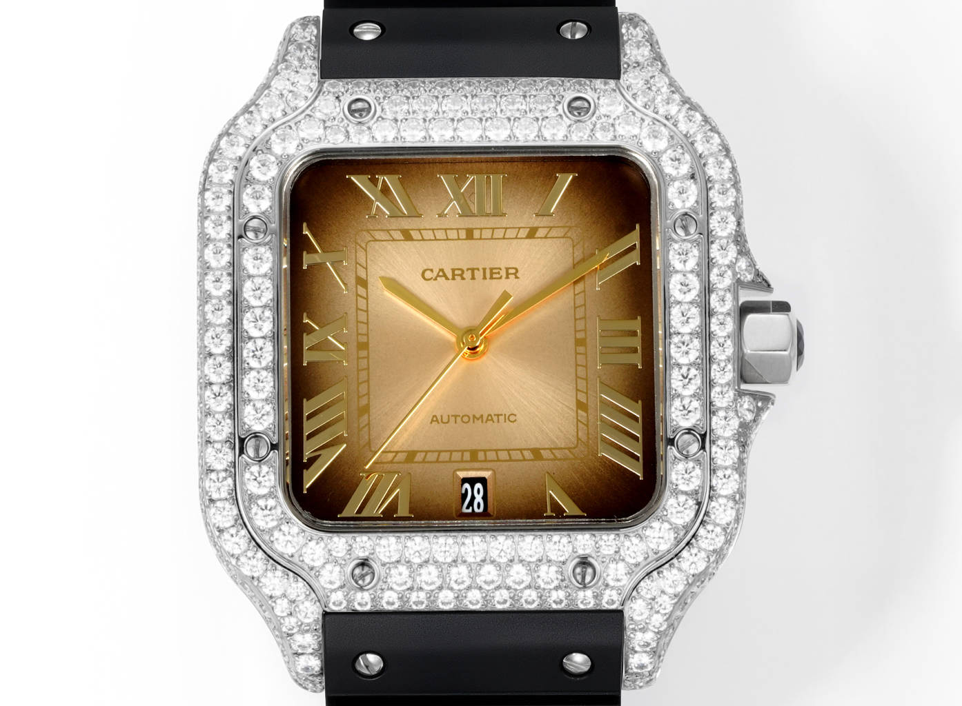 Cartier Santos 100 diamond-set silver case and bezel, brown dial, black rubber strap 38mm Men's Automatic