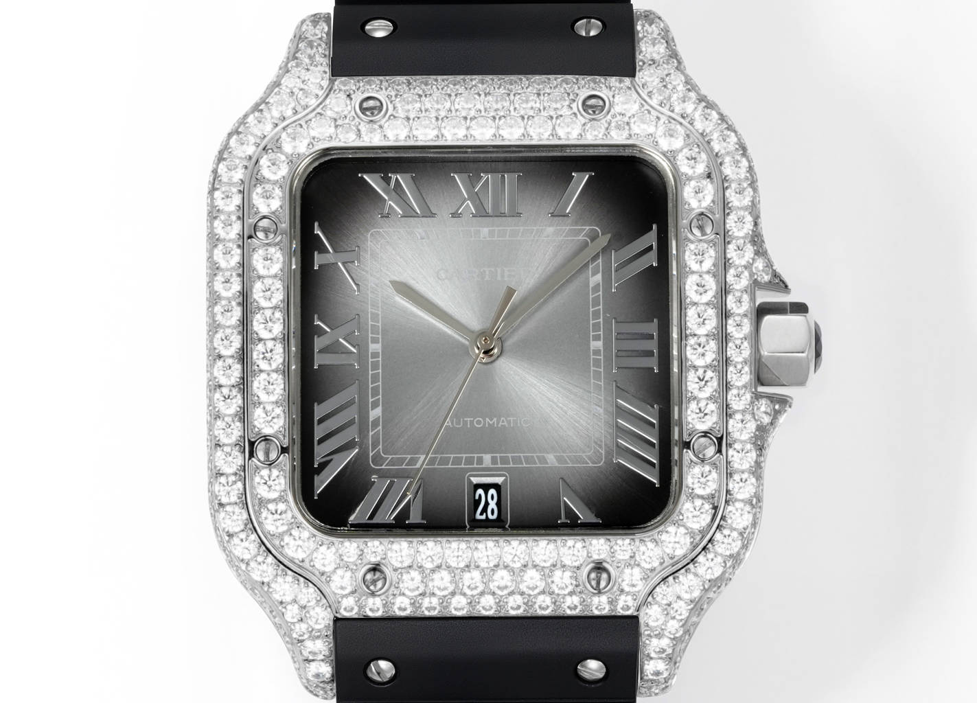 Cartier Santos de Cartier diamond-set silver case and bezel, green dial, black rubber strap 39.8mm Men's Automatic