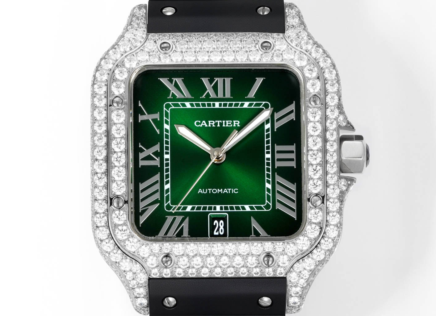 Cartier Santos de Cartier diamond-set silver case and bezel, green dial, black rubber strap 39.8mm Men's Automatic