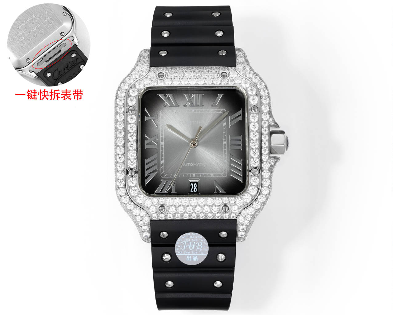 Cartier Santos de Cartier diamond-set silver case and bezel, green dial, black rubber strap 39.8mm Men's Automatic