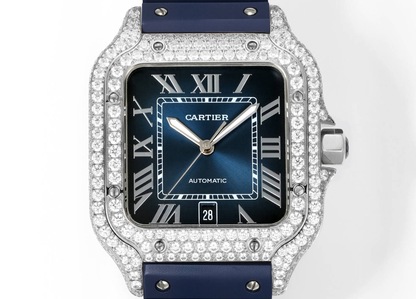 Cartier Santos de Cartier white gold diamond-set case and bezel, blue dial, blue rubber strap 39.8mm Men's Automatic