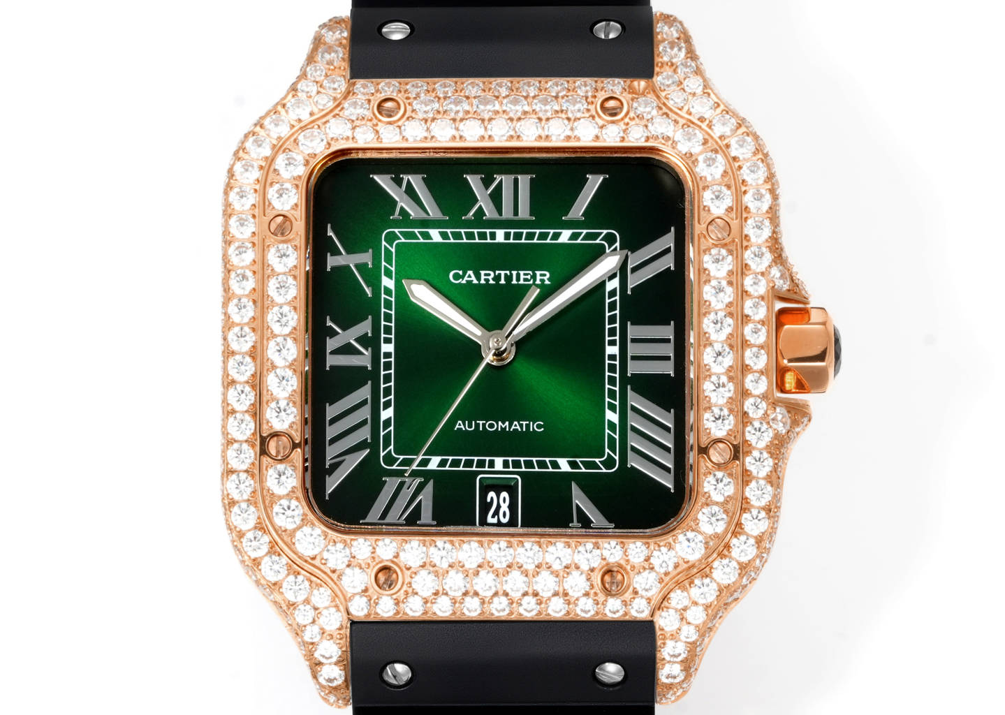Cartier Santos de Cartier rose gold diamond-set case and bezel, green dial, black rubber strap 39mm Men's Automatic