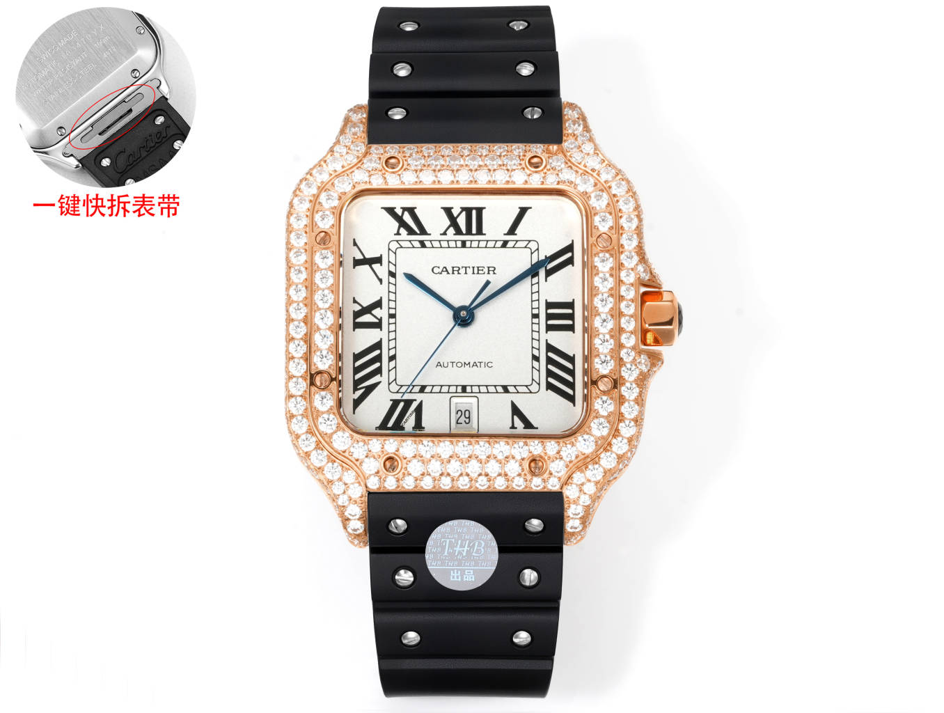 Cartier Santos de Cartier rose gold diamond-set case and bezel, green dial, black rubber strap 39mm Men's Automatic