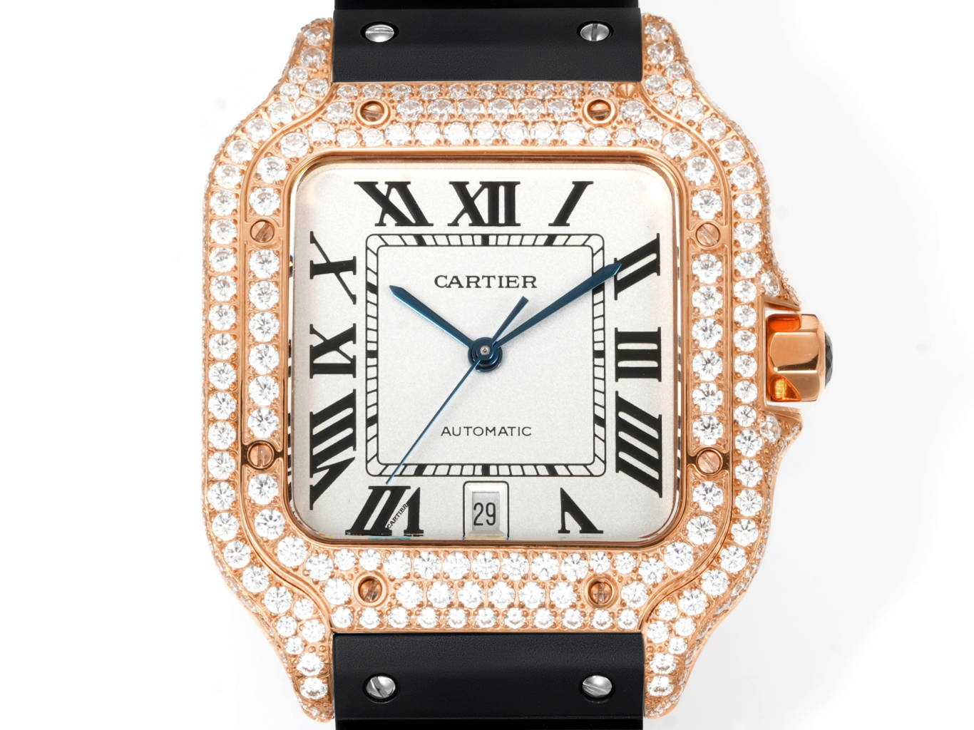 Cartier Santos de Cartier rose gold diamond-set case and bezel, green dial, black rubber strap 39mm Men's Automatic