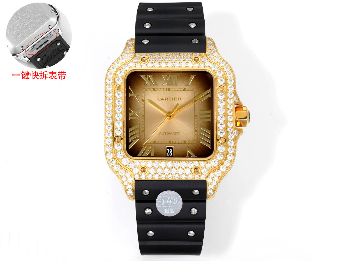 Cartier Santos de Cartier gold case / bezel, diamond-set bezel, brown dial, black strap 39mm Men's Automatic