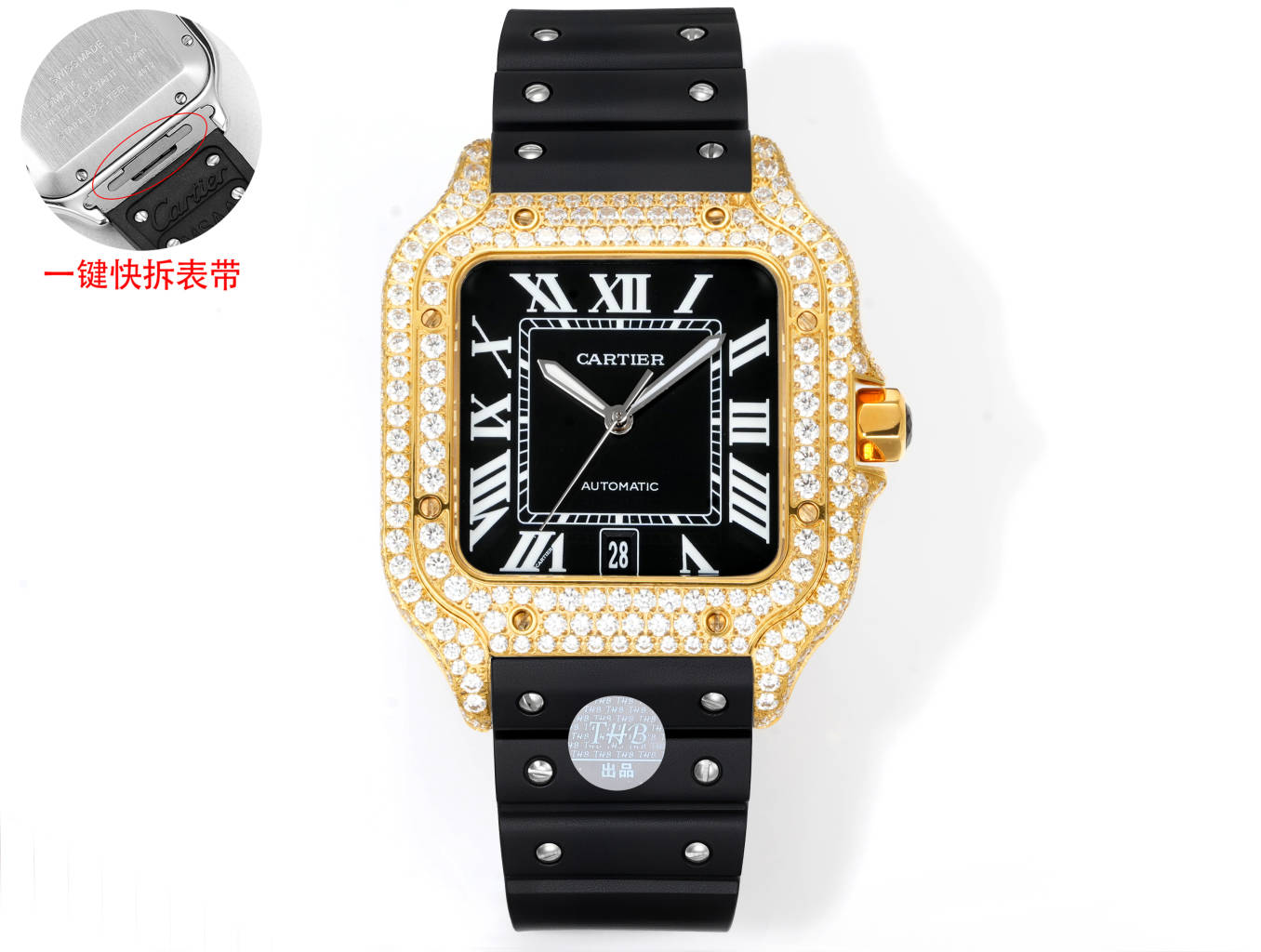 Cartier Santos de Cartier gold case / bezel, diamond-set bezel, brown dial, black strap 39mm Men's Automatic