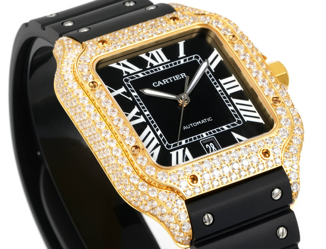 Cartier Santos de Cartier gold case / bezel, diamond-set bezel, brown dial, black strap 39mm Men's Automatic