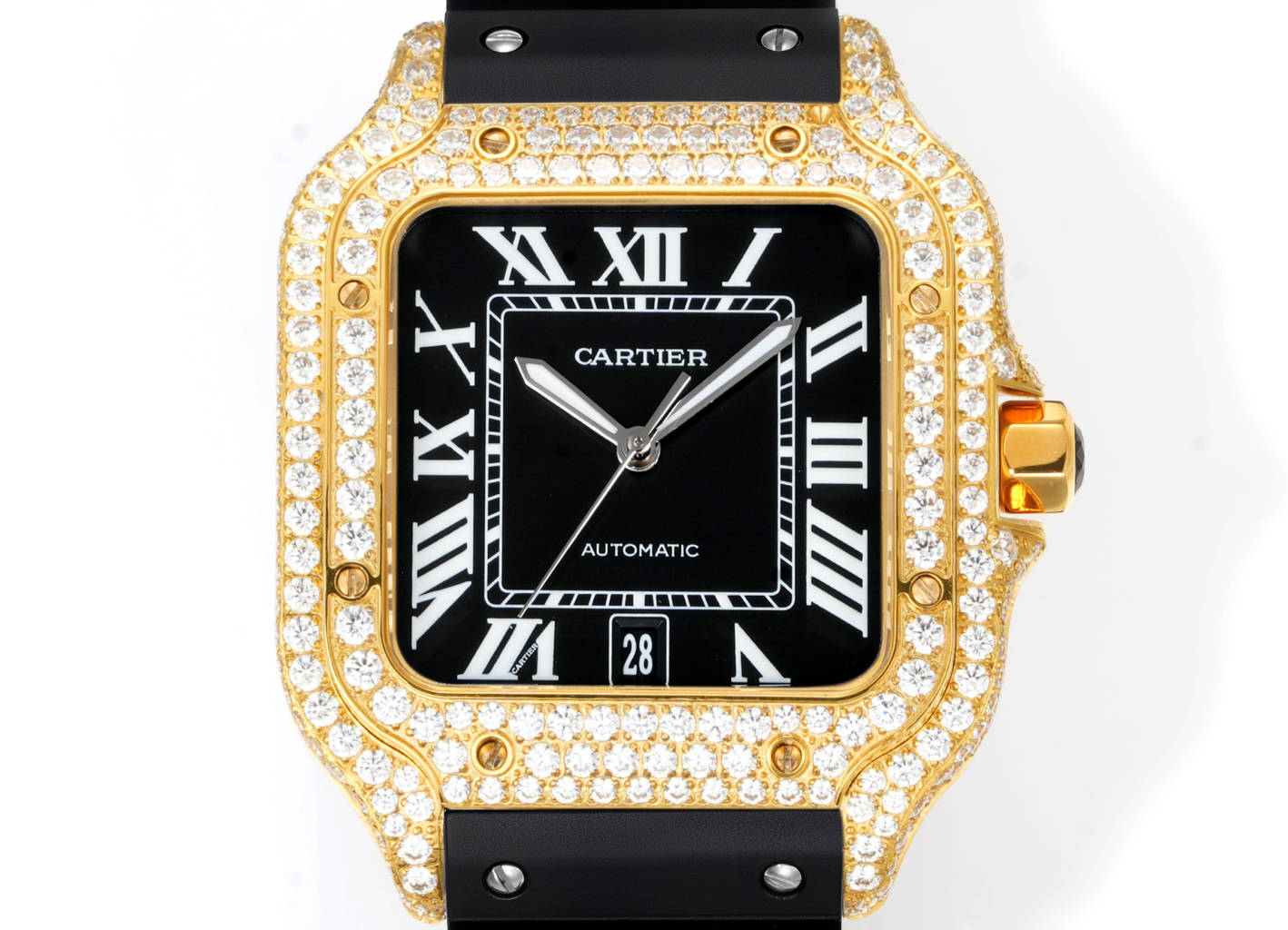 Cartier Santos de Cartier gold case / bezel, diamond-set bezel, brown dial, black strap 39mm Men's Automatic