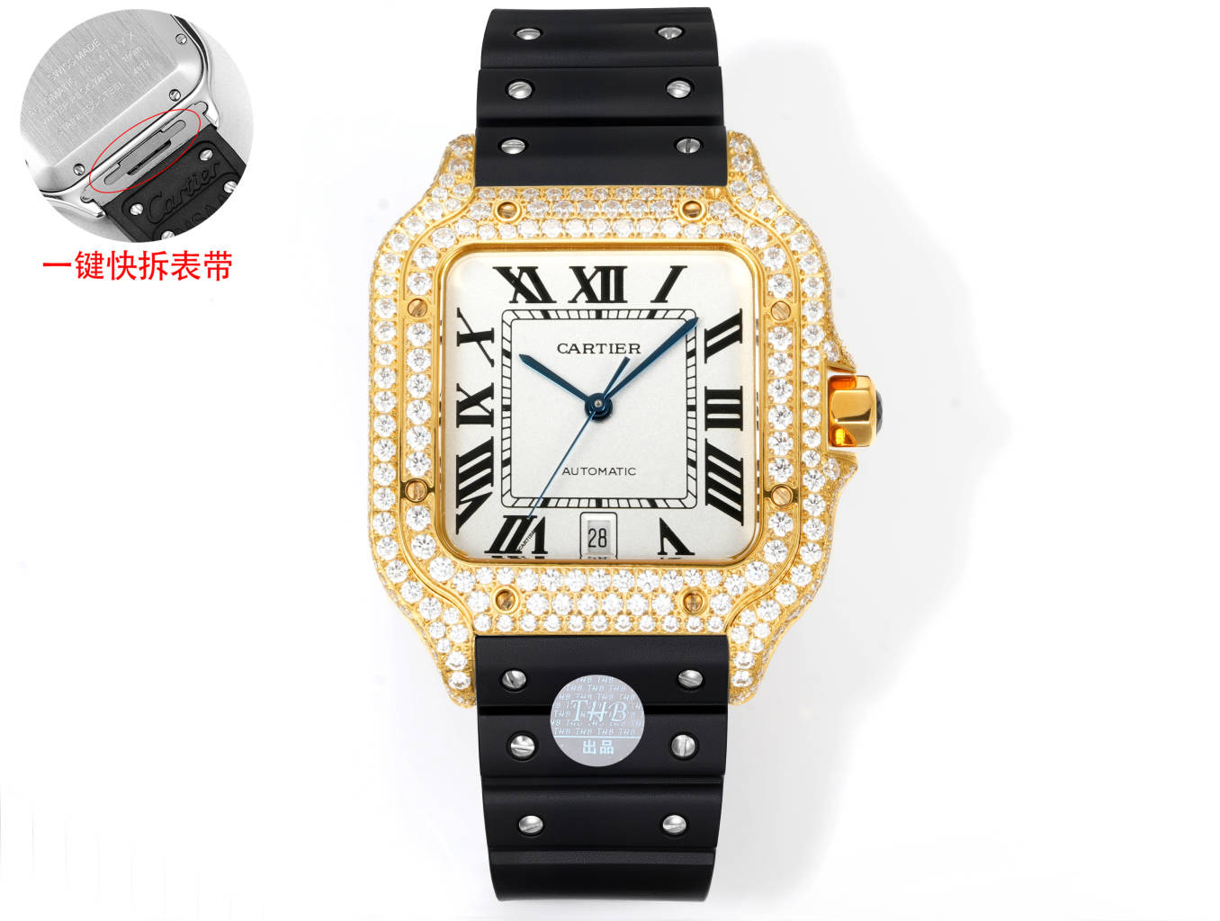 Cartier Santos de Cartier Large Model yellow gold diamond-set case and bezel, silver dial, black rubber strap 39.8mm Men's Automatic