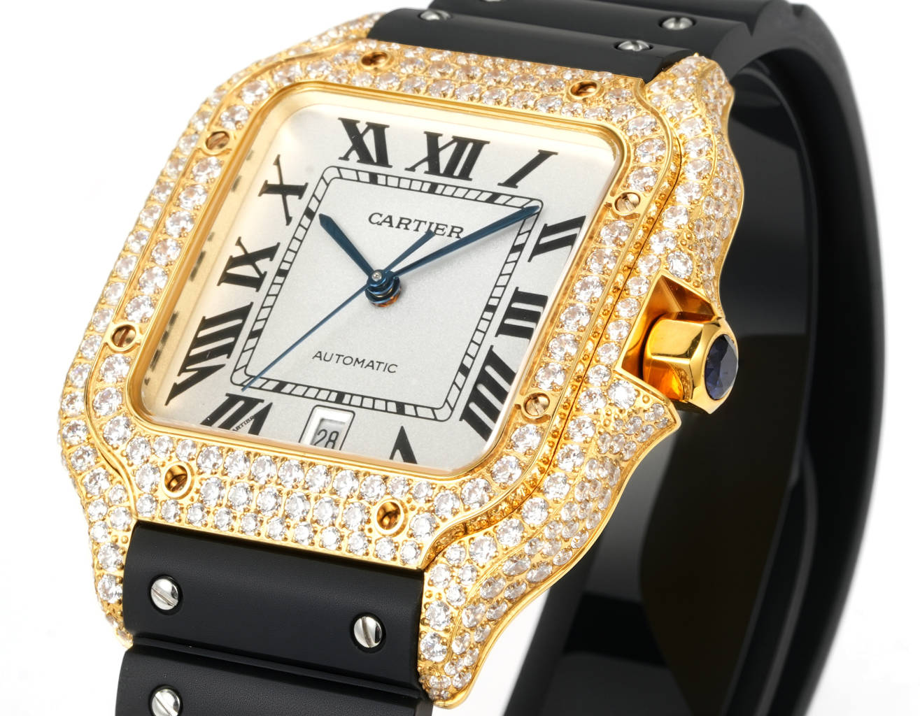 Cartier Santos de Cartier Large Model yellow gold diamond-set case and bezel, silver dial, black rubber strap 39.8mm Men's Automatic