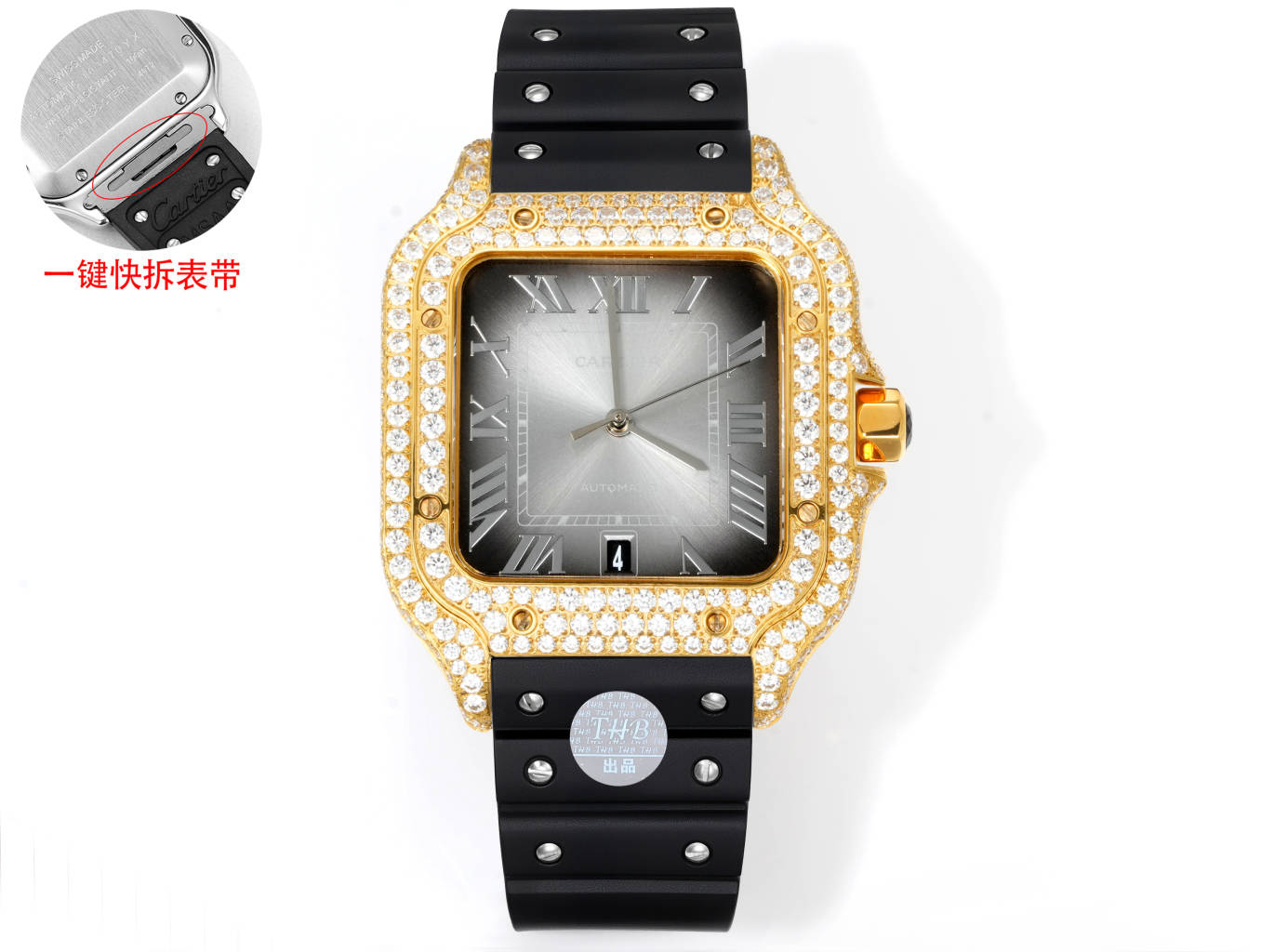 Cartier Santos de Cartier Large Model yellow gold diamond-set case and bezel, silver dial, black rubber strap 39.8mm Men's Automatic