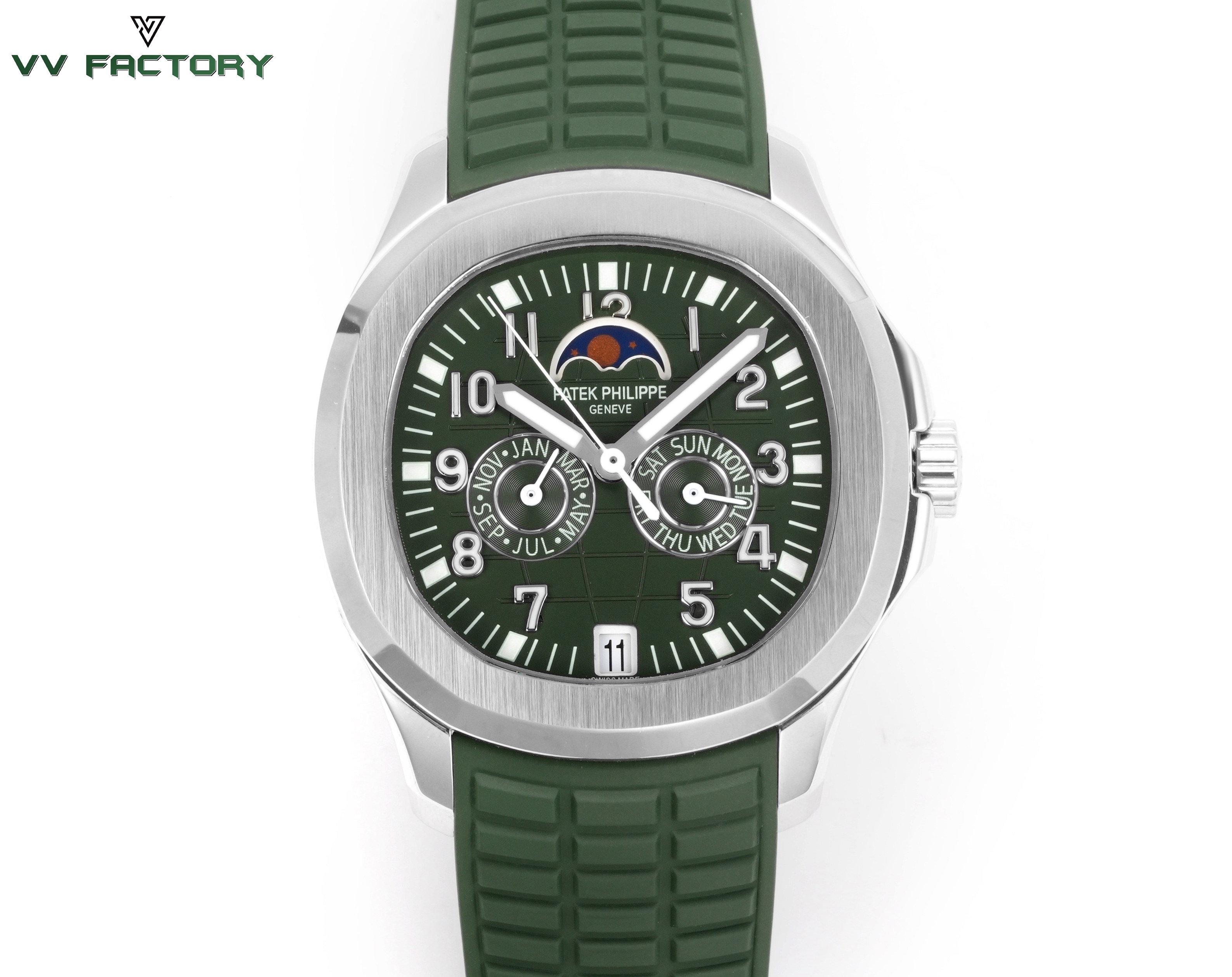 NO:676363,Unified VV factory latest model [celebration] Patek Philippe Aquanaut series launches the first newly added convenient and practical complex function watch 5261-001 Smiling Thunder King [Sun] 1 Original matching fluorine rubber strap molding, comfortable to wear, all-day adaptation, customized fluorine rubber strap is soft and skin-friendly, anti-wear and durability upgraded; folding buckle can be adjusted with one button, seamless switching between business and leisure, interpreting the wearing philosophy of 'elegant and easy to go'. 2  The movement adopts imported official 330 caliber, ultra-thin craftsmanship, stable, automatic winding, left balance wheel position matching!  3 This watch is particularly distinctive from other Patek Philippe timepieces that are also equipped with an annual calendar display. The date and moon phase windows are located at 6 o'clock and 12 o'clock respectively, and there are auxiliary dials for the day and month at 3 o'clock and 9 o'clock.  The case and bezel adopt the iconic arc-shaped octagonal shape, combined with contrasting polishing and satin treatments. The gray-blue dial and strap are decorated with Aquanaut embossed patterns, Arabic numerals and Patton-style hands, all covered with white fluorescent coating, making reading clear at a glance.,,patek philippe19860909统一 VV factory 最新款[庆祝] 百达翡丽Aquanaut系列推出首款新增便捷实用的复杂功能腕表 5261-001 笑脸雷王[太阳] 1 原装对版氟橡胶带开模,舒适佩戴,全天适配,定制氟橡胶表带柔软亲肤,抗磨耐用性升级；折叠式表扣一键调节,商务休闲无缝切换,诠释“优雅随行”的佩戴哲学. 2 机芯采用进口改330对版官方机芯,超薄工艺机芯稳定,自动上弦,左摆轮位置对版！ 3 腕表比同样配备年历显示的其他百达翡丽时计格外与众不同.日期和月相视窗分别位于6时和12时位置,3时和9时位置则设有星期和月份辅助表盘. 表壳及表圈采用标志性的圆弧八角形造型,结合对比鲜明的抛光与缎纹处理.灰蓝色表盘及表带饰有Aquanaut浮雕图案,阿拉伯字块及巴顿式指针,均覆以白色荧光涂层,读时一目了然.,,patek philippe,Watch