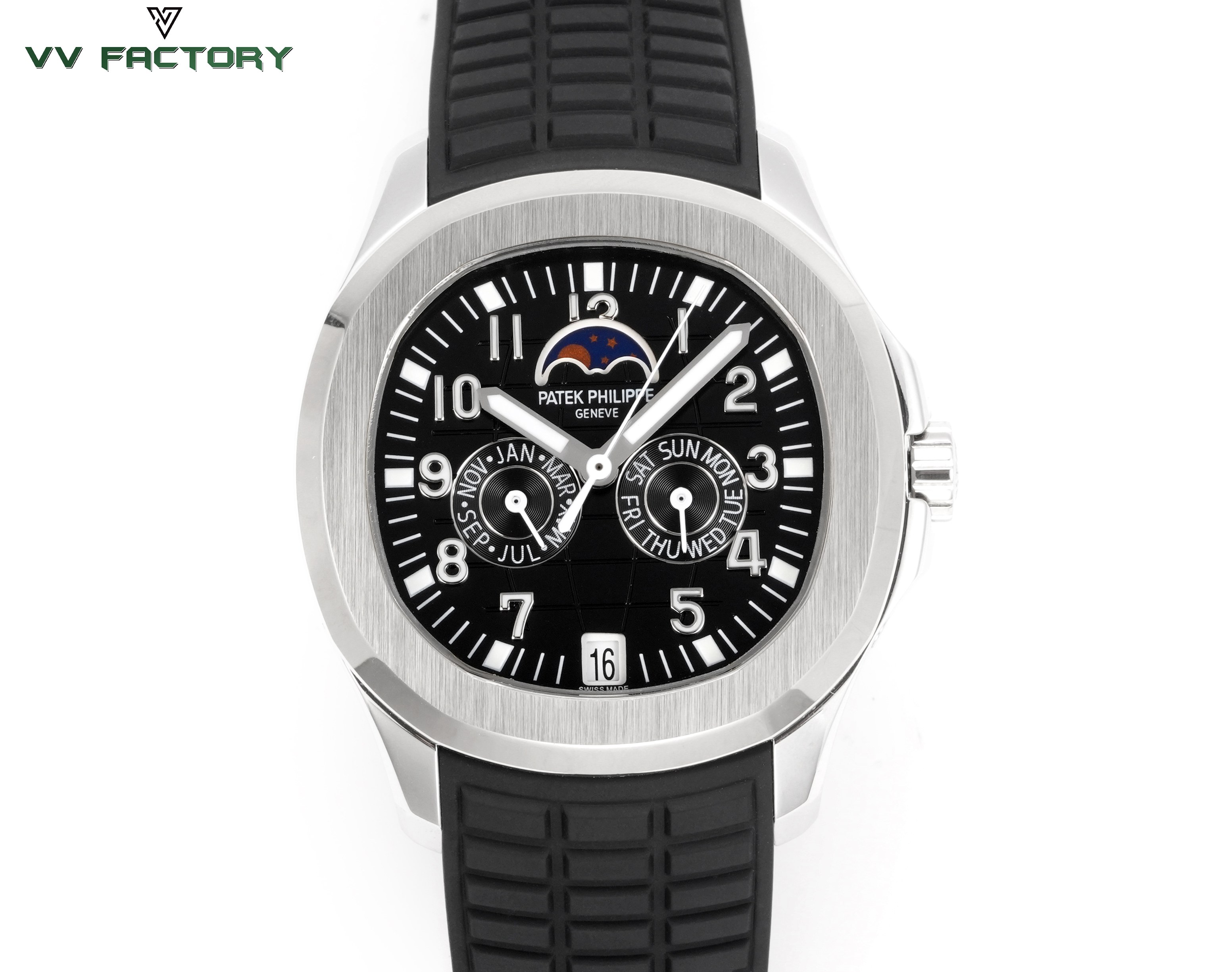 NO:552741,Unified VV factory latest model [celebration] Patek Philippe Aquanaut series launches the first newly added convenient and practical complex function watch 5261-001 Smiling Thunder King [Sun] 1 Original matching fluorine rubber strap molding, comfortable to wear, all-day adaptation, customized fluorine rubber strap is soft and skin-friendly, anti-wear and durability upgraded; folding buckle can be adjusted with one button, seamless switching between business and leisure, interpreting the wearing philosophy of 'elegant and easy to go'. 2  The movement adopts an imported and corrected version of the official movement. The ultra-thin craftsmanship movement is stable, automatic winding, and the left balance wheel position is correct!  3 This watch is particularly distinctive from other Patek Philippe timepieces that are also equipped with an annual calendar display. The date and moon phase windows are located at 6 o'clock and 12 o'clock respectively, and there are auxiliary dials for the day and month at 3 o'clock and 9 o'clock.  The case and bezel adopt the iconic arc-shaped octagonal shape, combined with contrasting polishing and satin treatments. The gray-blue dial and strap are decorated with Aquanaut embossed patterns, Arabic numerals and Patton-style hands, all covered with white fluorescent coating, making reading clear at a glance.,,patek philippe19860909统一 VV factory 最新款[庆祝] 百达翡丽Aquanaut系列推出首款新增便捷实用的复杂功能腕表 5261-001 笑脸雷王[太阳] 1 原装对版氟橡胶带开模,舒适佩戴,全天适配,定制氟橡胶表带柔软亲肤,抗磨耐用性升级；折叠式表扣一键调节,商务休闲无缝切换,诠释“优雅随行”的佩戴哲学. 2 机芯采用进口改对版官方机芯,超薄工艺机芯稳定,自动上弦,左摆轮位置对版！ 3 腕表比同样配备年历显示的其他百达翡丽时计格外与众不同.日期和月相视窗分别位于6时和12时位置,3时和9时位置则设有星期和月份辅助表盘. 表壳及表圈采用标志性的圆弧八角形造型,结合对比鲜明的抛光与缎纹处理.灰蓝色表盘及表带饰有Aquanaut浮雕图案,阿拉伯字块及巴顿式指针,均覆以白色荧光涂层,读时一目了然.,,patek philippe,Watch