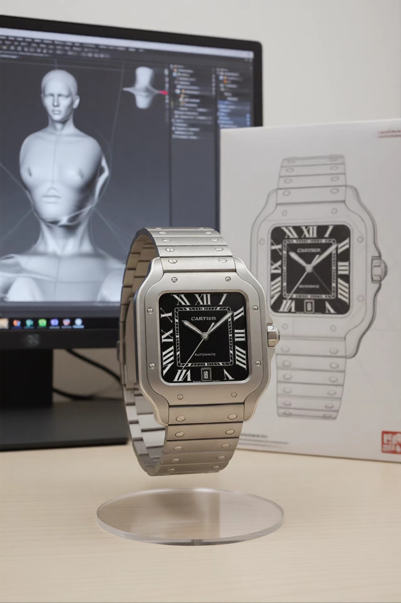 Cartier Santos de Cartier Large Model brushed steel case and bezel, silver-white dial, steel bracelet 39.8mm Men's Automatic