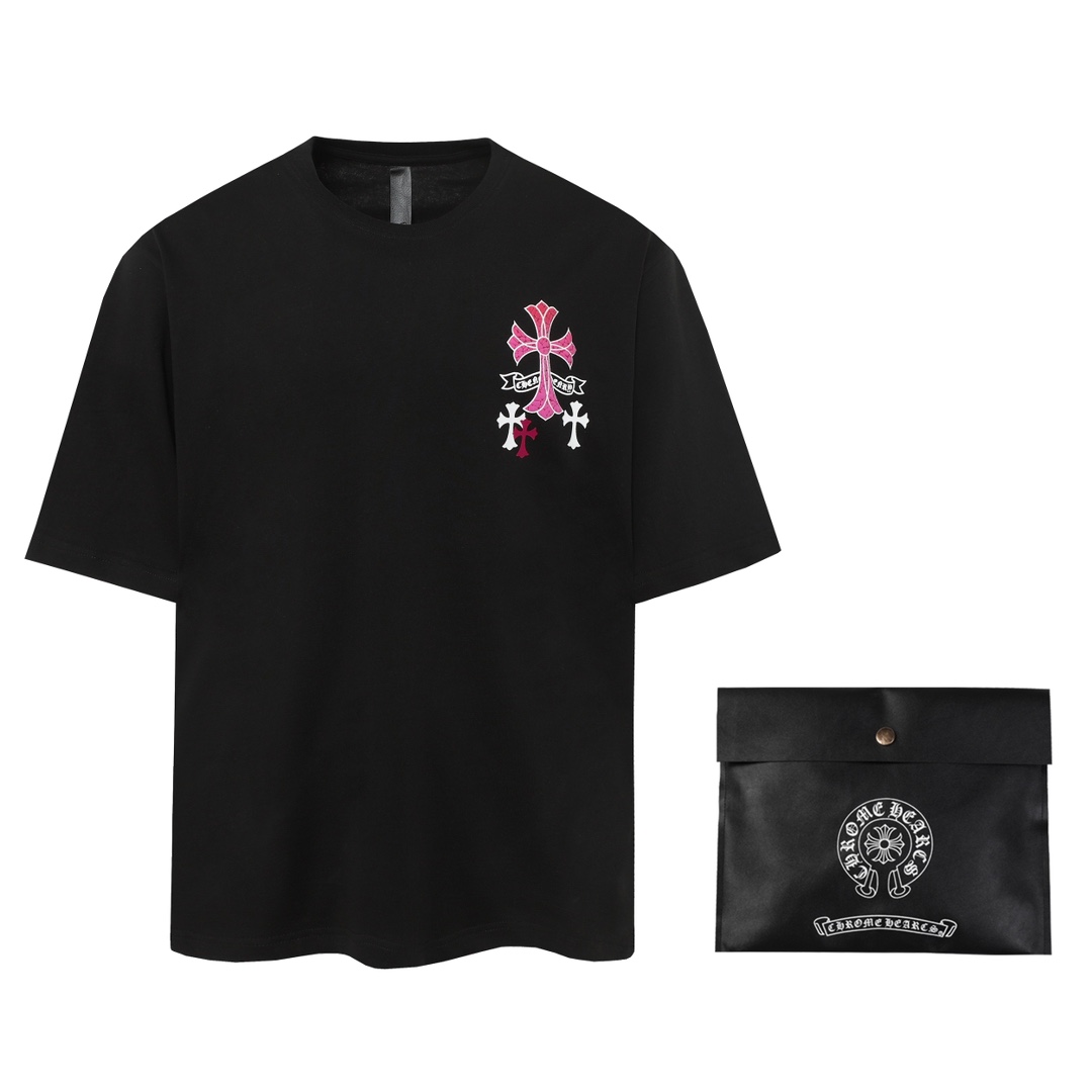 Chrome Hearts Vêtements T-Shirt Noir Couleur rose Couture Coton Double fil de coton Manches courtes