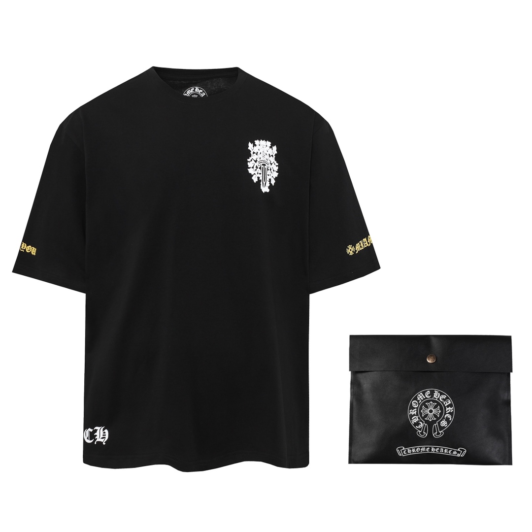 Chrome Hearts Vêtements T-Shirt Noir Imprimé Coton Double fil de coton Manches courtes
