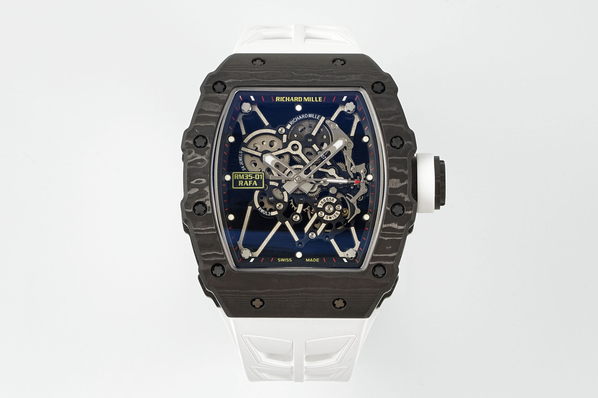 NO:602170,『New Factory-NEW Factory』[Ceiling] RICHARD MILLE Richard Mille RM 35-01 RAFAEL NADAL carbon fiber watch - as a ticket for billionaires (get a pair of cloth straps) 1 movement The highest version of the movement currently on the market, exclusively developed original RMUL3 hollow integrated movement, white sapphire shock absorber, after long-term testing, the stability is quite high, the movement is polished in place, (original synchronization) 2 Case imported NTT  It is a lightweight watch made of original textured carbon fiber, weighing only 50g. The inner tank and watch cover steel parts are made of titanium alloy and CNC high-precision machining, so that the watch case fits perfectly and seamlessly!  Truly original and authentic details. 3 Dial: The hollow dial with the classic black and red track inner shadow shows the unique charm of the watch. 4: The watch mirror is made of high-curved sapphire mirror and double-sided electroplated high-permeability film, which has an anti-glare effect, clear and exquisite. 5: The choice of natural rubber strap and woven Velcro strap,  6: Titanium alloy folding clasp, original mold opening, clear and three-dimensional engraving, perfectly restoring the original shape, the spring leaf is also made of titanium metal, the elastic effect is better and more durable 7: The screws are all made of titanium metal plating dark gray process, synchronizing the original effect. 'NEW Factory' achieves new breakthroughs and treats watch lovers with 'heart'!  ,19860909『新厂-NEW Factory』【天花板】RICHARD MILLE理查德米勒RM 35-01 RAFAEL NADAL碳纤维腕表——作为亿万富豪的入场劵（送一副布带） 1机芯目前市场最高版本机芯,独家研发原装RMUL3镂空一体机芯、白宝石避震器、经过长期测试,稳定性相当高,机芯打磨到位,（原装同步） 2表壳进口NTT 原装纹路碳纤维打造、轻量 级表款,克重仅 50g、内胆与表盖钢件采用钛 合金材料、CNC 高精密加工、使表壳配合完美 无缝隙！真正做到原装正品细节. 3表盘:镂空表盘搭配经典黑红赛道内影展现腕 表独有魅力 4:表镜采用高弧度蓝宝石镜面双,并采用双面电镀高透膜,具有防眩效果,清晰而精致. 5:表带天然橡胶表带与编制魔术贴表带选 择、 6:表扣钛合金折叠表扣,原装开模,刻字清晰立体,完美还原正品形状,弹簧片同样采用钛金属,弹性效果更好更持久 7:螺丝全部采用钛金属电镀深灰色工艺,同步原装效果 『新厂-NEW Factory』实现新突破,用“心”对待腕表爱好者！,,Watch