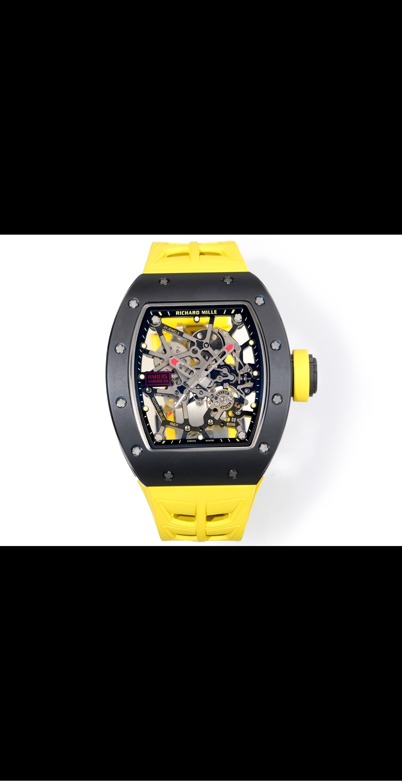 NO:728590,『New Factory-NEW Factory』 Vientiane update RICHARD MILLE Richard Mille RM big bull, free Velcro strap, wrist art, movement hidden charm, hospitality with heart, winning with quality, whole watch with original data!  1 movement: brand new RMUL1 integrated manual winding white sapphire movement, made of grade 5 titanium alloy. The entire watch accessories are original data. The internal mechanical structure is clearly visible. All the front and rear gears mesh with each other and move normally. If the original gear is consistent and does not move, it is not from the factory.  2. The case bezel and back case are made of TZP-N black ceramic material with super hardness, delicate color, wear resistance and scratch resistance. The middle case is made of imported NTPT carbon fiber. The inner liner and cover steel parts are made of titanium alloy material and CNC high-precision machining, making the case fit perfectly and seamlessly, truly original details. 3. The watch mirror has sapphire crystal with double anti-glare effect. 4. The strap is a natural rubber strap, and a Velcro strap is also provided, which perfectly fits the curve of your wrist and gives you an ultimate experience.  5-clasp titanium alloy original folding clasp. 'NEW Factory' achieves new breakthroughs and treats watch lovers with 'heart'!  ,19860909『新厂-NEW Factory』万象更新RICHARD MILLE 理查德米勒RM大公牛,赠送魔术贴表带,腕间艺术,机芯藏韵,以心待客,以质取胜, 整表原装数据！ 1机芯全新RMUL1一体手动上链白宝石机芯,采用5级钛合金材质,整表配件都是原装数据,内部机械结构清晰可见,前后所有齿轮相互咬合都正常走动原装一致出现有不动的齿轮就非本厂. 2表壳表圈和后壳为TZP-N黑陶瓷材料具有超硬度,色泽细腻,耐磨抗刮,中壳进口NTPT碳纤维打造,内胆与表盖钢件采用钛合金材料,CNC高精密加工,使表壳配合完美无缝隙,真正原装细节. 3表镜蓝宝石水晶镜面双防眩效果. 4表带天然橡胶表带,另外赠送魔术贴表带,完美贴合手腕曲线 给你一种极致体验. 5表扣钛合金原装折叠表扣. 『新厂-NEW Factory』实现新突破,用“心”对待腕表爱好者！,,Watch