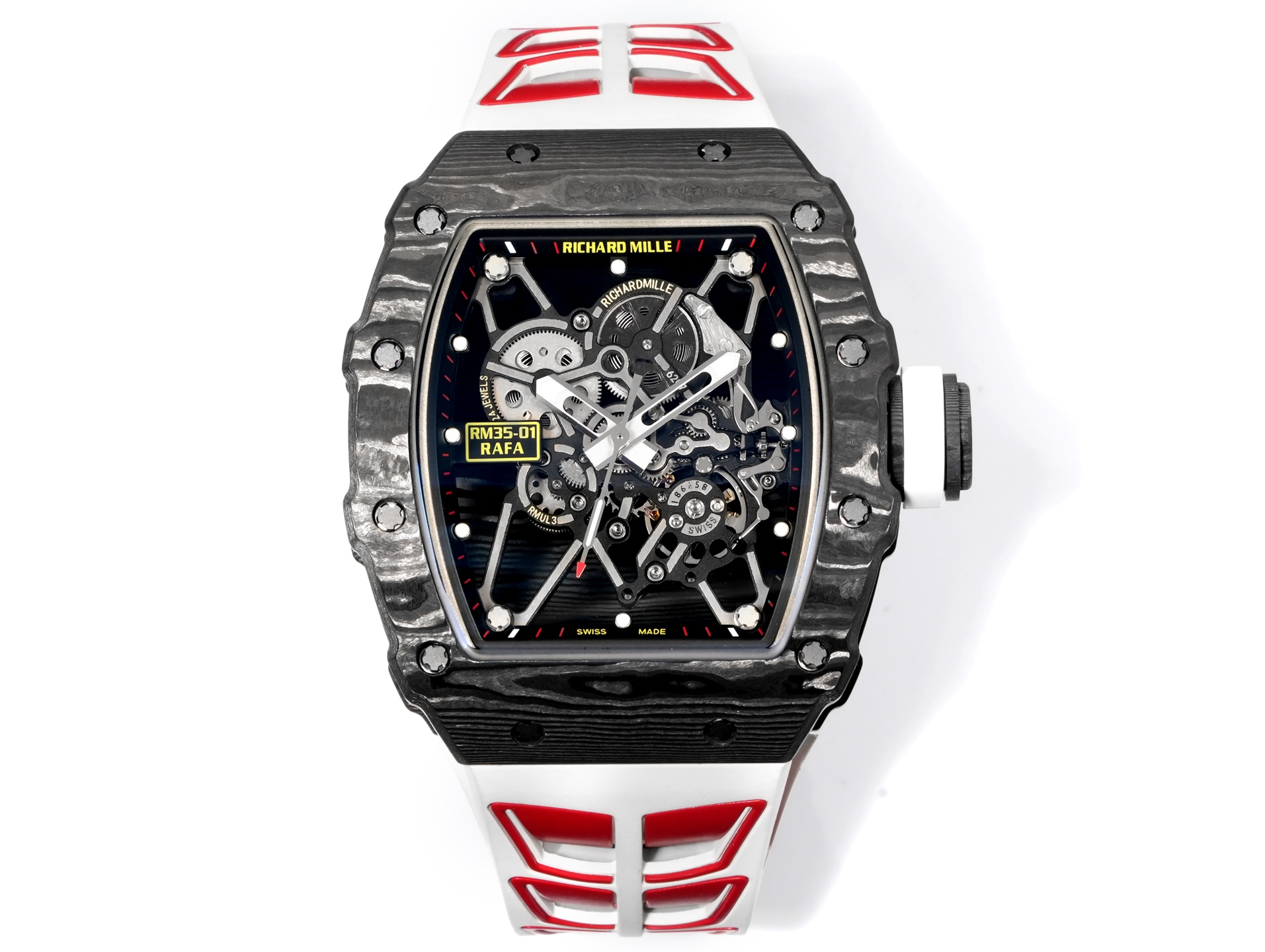 NO:820567,NEW Factory, Richard/Miller RM 35-01 NEW RAFAEL NADAL carbon fiber watch - as a ticket for billionaires BBR 1: The movement is currently the highest version on the market, exclusively developed with the original RMUL3 hollow integrated movement, white sapphire shock absorber, after long-term testing, the stability is quite high, the movement is polished in place (synchronized with the original) 2: The case is made of imported NTPT carbon fiber with original texture, lightweight  It is a top-grade watch that weighs only 50g with Velcro attached. The steel parts of the inner tank and watch cover are made of titanium alloy and CNC high-precision machining, so that the watch case fits perfectly and seamlessly!  Really original and authentic details. 3: Dial: The hollow dial with the classic black and red track inner shadow shows the unique charm of the watch. 4: The watch mirror is made of high-curvature sapphire mirror and double-sided electroplated high-permeability film, which has an anti-glare effect, clear and exquisite. 5: The choice of fluorine rubber strap and woven Velcro strap (an extra pair of straps will be given)  6: Titanium alloy folding clasp, original mold opening, clear and three-dimensional engraving, perfectly restoring the original shape, the spring leaf is also made of titanium metal, the elastic effect is better and more durable 7: The screws are all made of titanium metal electroplating dark gray process, synchronized with the original mechanical watch,19860909新厂-NEW Factory, 理查德/米勒 RM 35-01 NEW RAFAEL NADAL碳纤维腕表——作为亿万富豪的入场劵 BBR 1:机芯目前市场最高版本机芯,独家研发原装RMUL3镂空一体机芯、白宝石避震器、经过长期测试,稳定性相当高,机芯打磨到位（原装同步） 2:表壳进口NTPT 原装纹路碳纤维打造、轻量 级表款,装魔术贴克重仅 50g、内胆与表盖钢件采用钛 合金材料、CNC 高精密加工、使表壳配合完美 无缝隙！真正做到原装正品细节. 3:表盘:镂空表盘搭配经典黑红赛道内影展现腕 表独有魅力 4:表镜采用高弧度蓝宝石镜面双,并采用双面电镀高透膜,具有防眩效果,清晰而精致. 5:表带氟橡胶表带与编制魔术贴表带选 择（多赠送一副表带） 6:表扣钛合金折叠表扣,原装开模,刻字清晰立体,完美还原正品形状,弹簧片同样采用钛金属,弹性效果更好更持久 7:螺丝全部采用钛金属电镀深灰色工艺,同步原装机械腕表,,,Watch