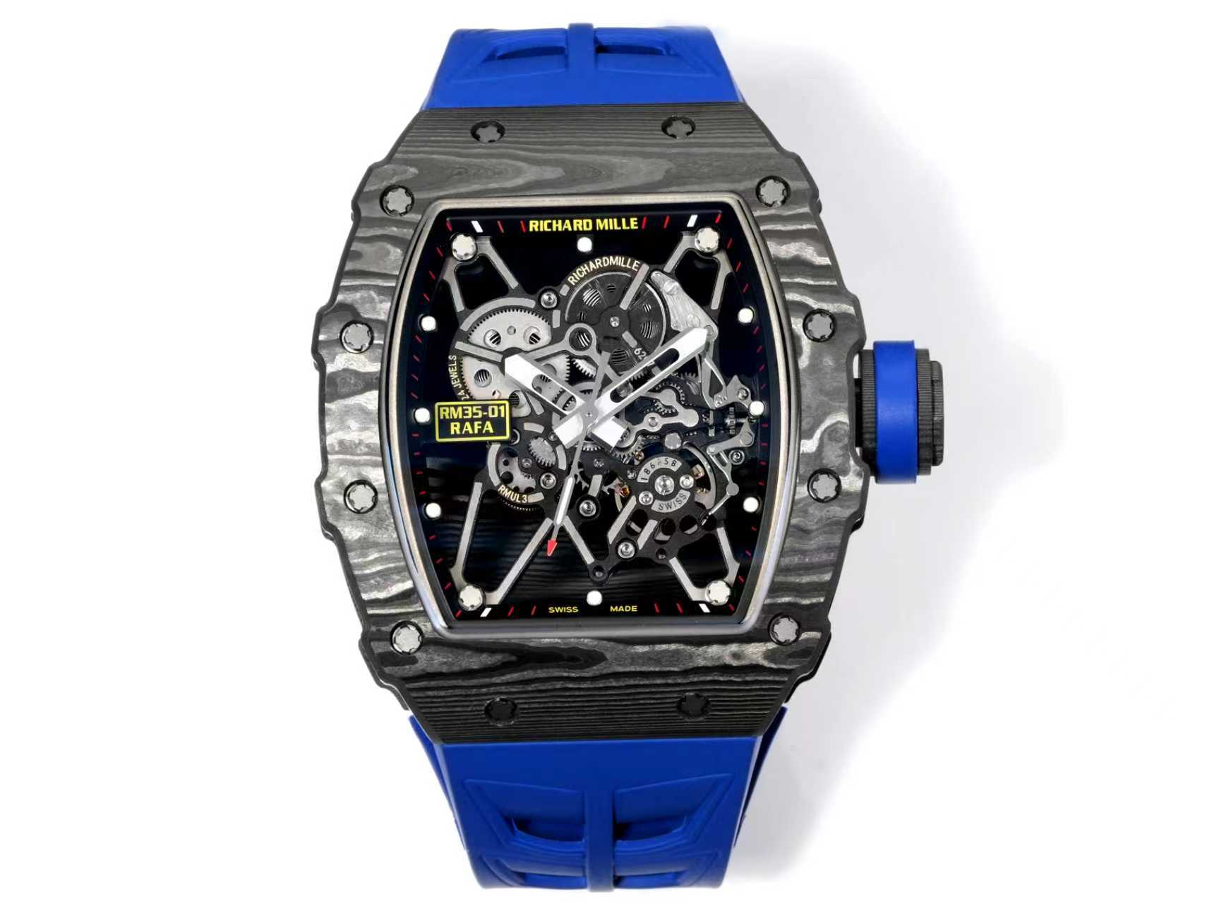 NO:859390,Increase the quantity without increasing the price [Hold your fist] We will continue to update the fluororubber strap and the latest version of the official buckle 'NEW Factory' [Ceiling] RICHARD MILLE Richard Mille RM 35-01 RAFAEL NADAL carbon fiber watch - as a billionaire's ticket (get a pair of straps)  1. The movement is currently the highest version on the market. It is exclusively developed with the original RMUL3 hollow integrated movement and white sapphire shock absorber. After long-term testing, the stability is quite high and the movement is polished in place (synchronized with the original). 2. The case is imported from NTT and made of carbon fiber with original texture. It is a lightweight watch with a weight of only 50g. The inner tank and cover steel parts are made of titanium alloy material and CNC high-precision processing, so that the case fits perfectly and seamlessly!  Truly original and authentic details. 3 Dial: The hollow dial with the classic black and red track inner shadow shows the unique charm of the watch. 4: The watch mirror is made of high-curved sapphire mirror and double-sided electroplated high-permeability film, which has an anti-glare effect, clear and exquisite. 5: The choice of natural rubber strap and woven Velcro strap,  6: Titanium alloy folding clasp, original mold opening, clear and three-dimensional engraving, perfectly restoring the original shape, the spring leaf is also made of titanium metal, the elastic effect is better and more durable 7: The screws are all made of titanium metal plating dark gray process, synchronizing the original effect. 'NEW Factory' achieves new breakthroughs and treats watch lovers with 'heart'!  ,19860909加量不加价[抱拳]陆续更新氟橡胶表带跟官方最新版扣『新厂-NEW Factory』【天花板】RICHARD MILLE理查德米勒RM 35-01 RAFAEL NADAL碳纤维腕表——作为亿万富豪的入场劵（送一副表带） 1机芯目前市场最高版本机芯,独家研发原装RMUL3镂空一体机芯、白宝石避震器、经过长期测试,稳定性相当高,机芯打磨到位,（原装同步） 2表壳进口NTT 原装纹路碳纤维打造、轻量 级表款,克重仅 50g、内胆与表盖钢件采用钛 合金材料、CNC 高精密加工、使表壳配合完美 无缝隙！真正做到原装正品细节. 3表盘:镂空表盘搭配经典黑红赛道内影展现腕 表独有魅力 4:表镜采用高弧度蓝宝石镜面双,并采用双面电镀高透膜,具有防眩效果,清晰而精致. 5:表带天然橡胶表带与编制魔术贴表带选 择、 6:表扣钛合金折叠表扣,原装开模,刻字清晰立体,完美还原正品形状,弹簧片同样采用钛金属,弹性效果更好更持久 7:螺丝全部采用钛金属电镀深灰色工艺,同步原装效果 『新厂-NEW Factory』实现新突破,用“心”对待腕表爱好者！,,Watch